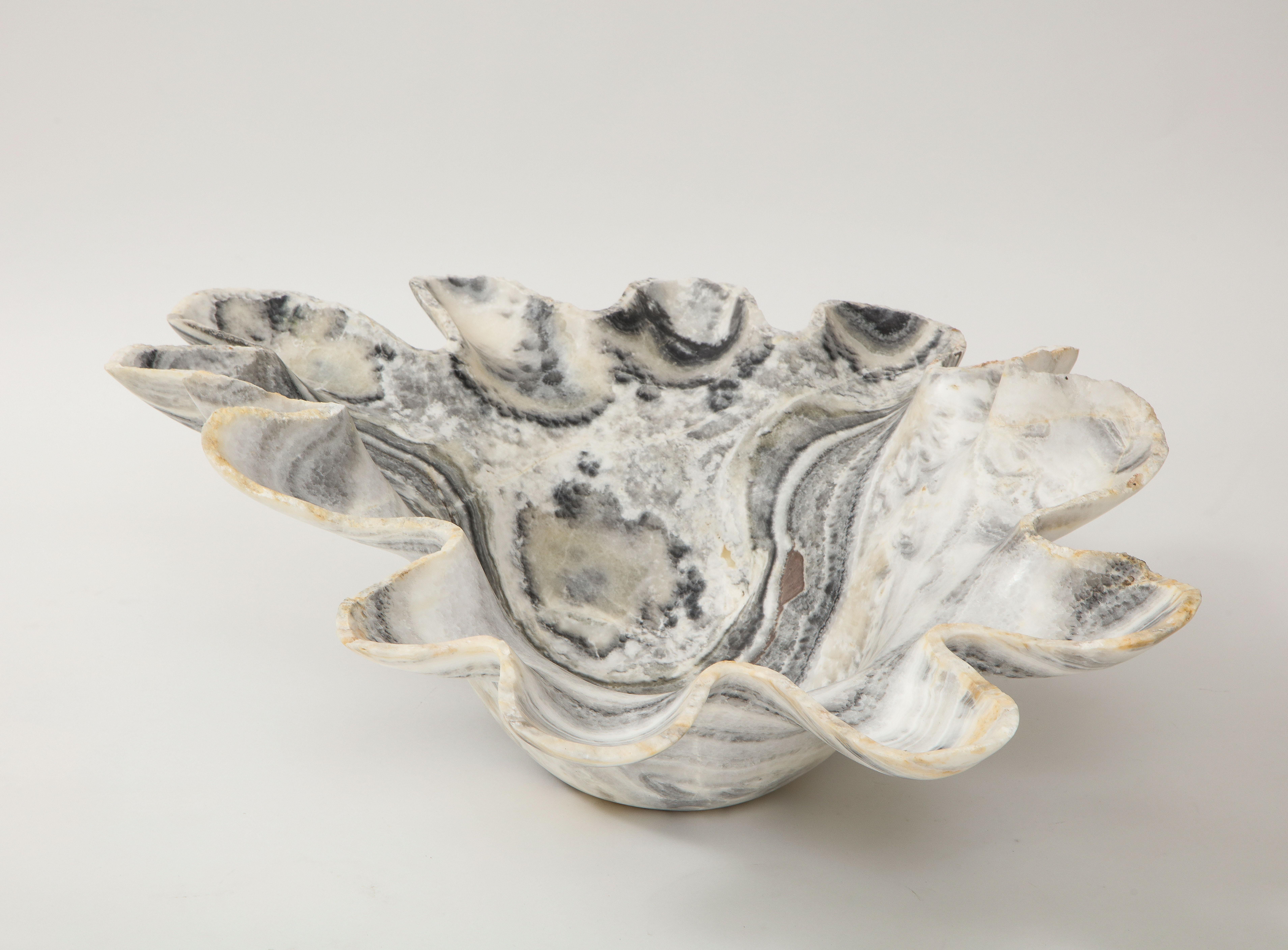 Monumental Sculptural White, Gray and Black Hand Carved Onyx Bowl or Centerpiece In Excellent Condition In New York, NY