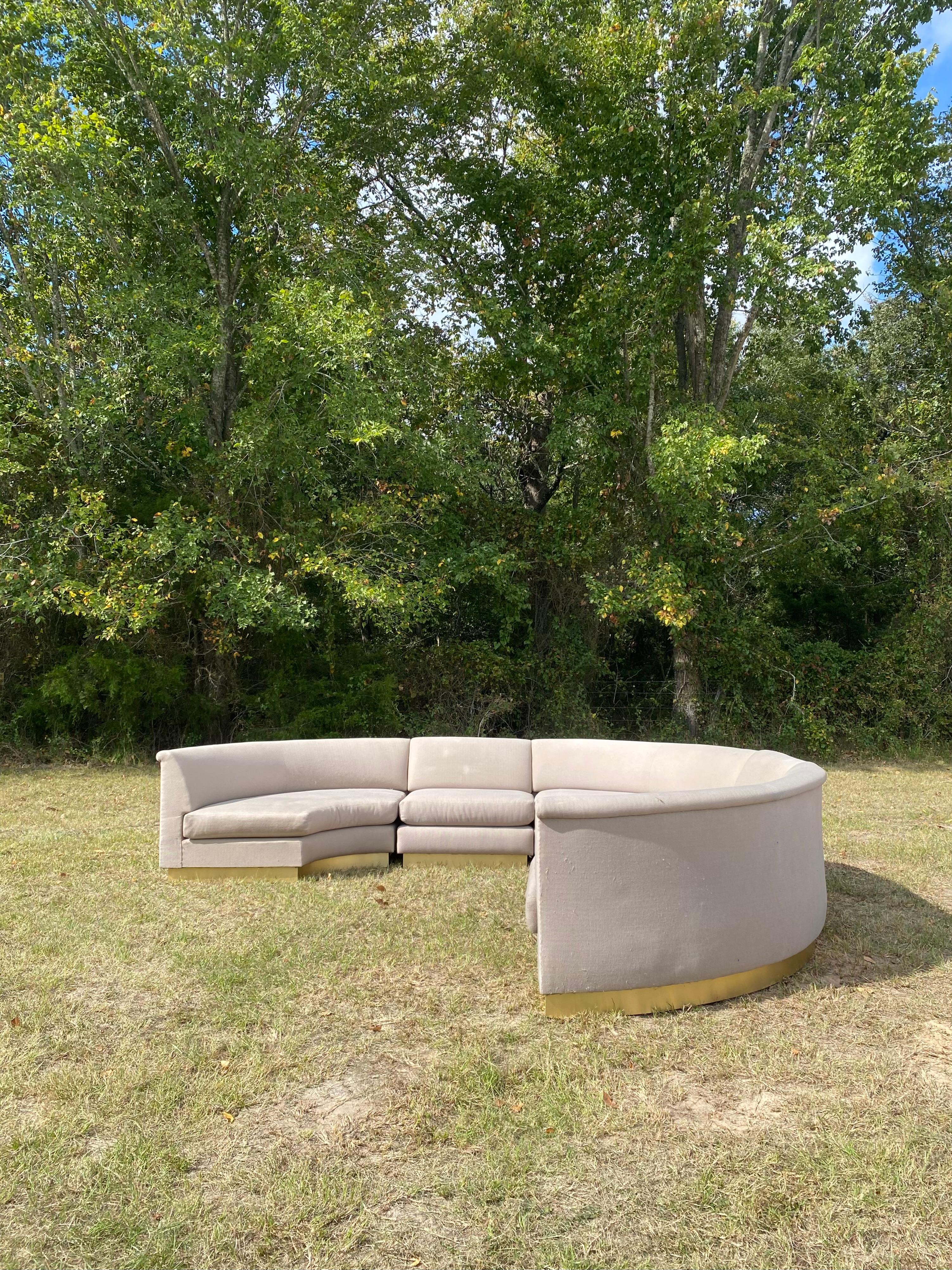 Monumental Sectional Pit Sofa with Brass Plinth Base For Sale 4