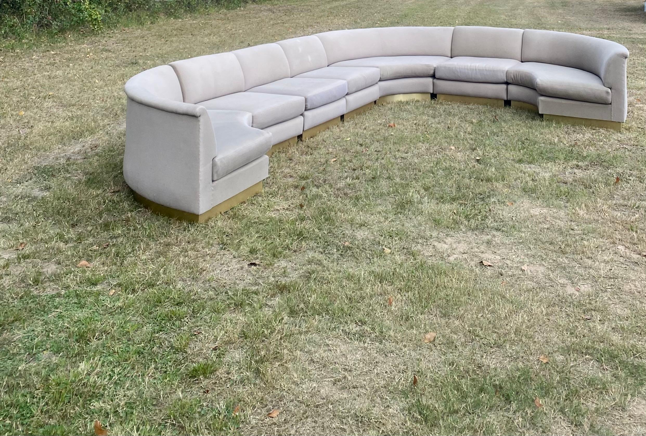 American Monumental Sectional Pit Sofa with Brass Plinth Base For Sale