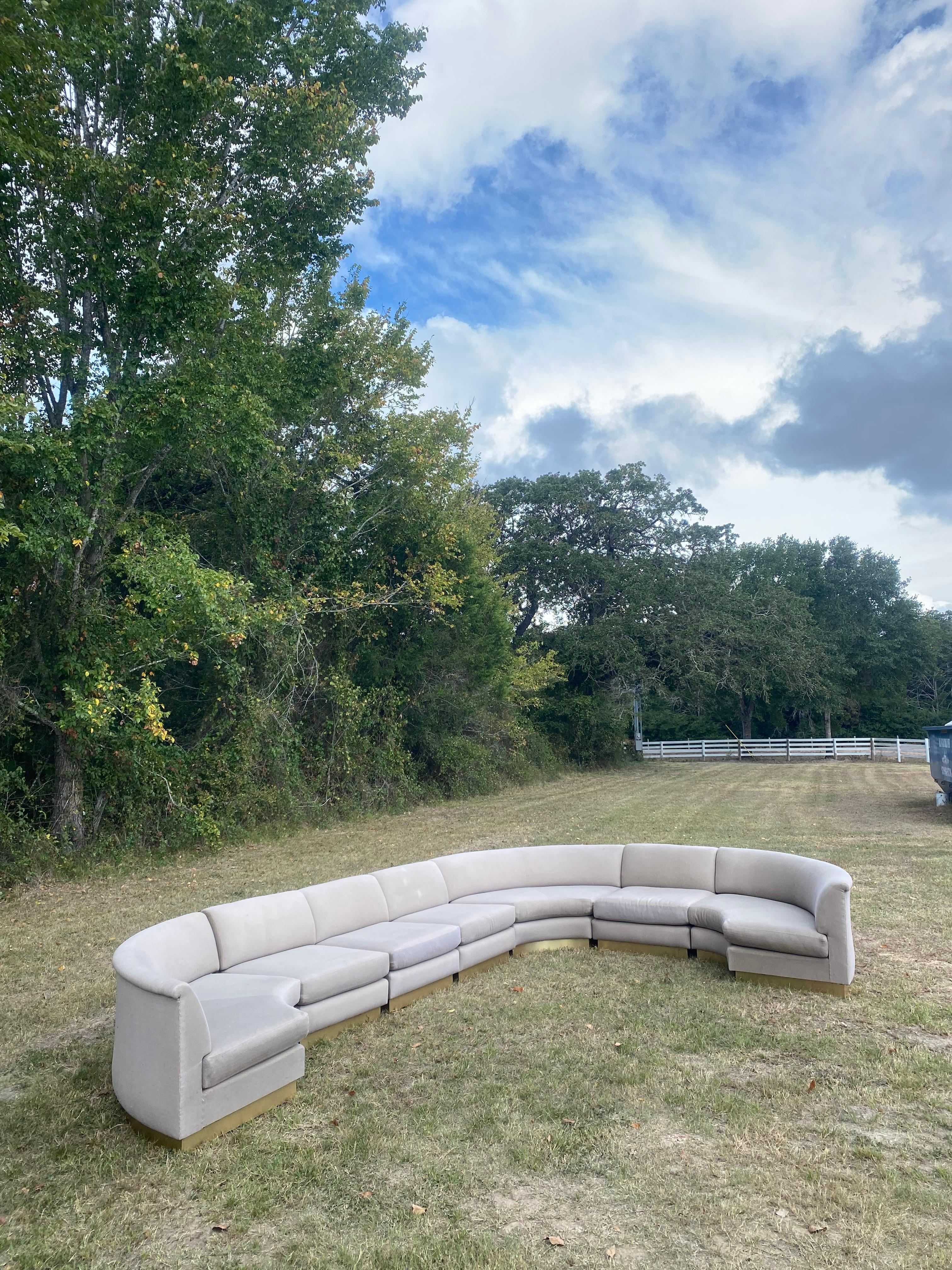 Hand-Crafted Monumental Sectional Pit Sofa with Brass Plinth Base For Sale