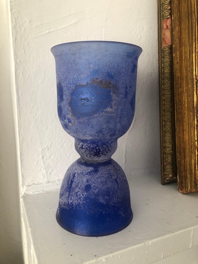 Italian Monumental Seguso Cobalto Corroso Scavo Glass Vase, c. 1980's For Sale