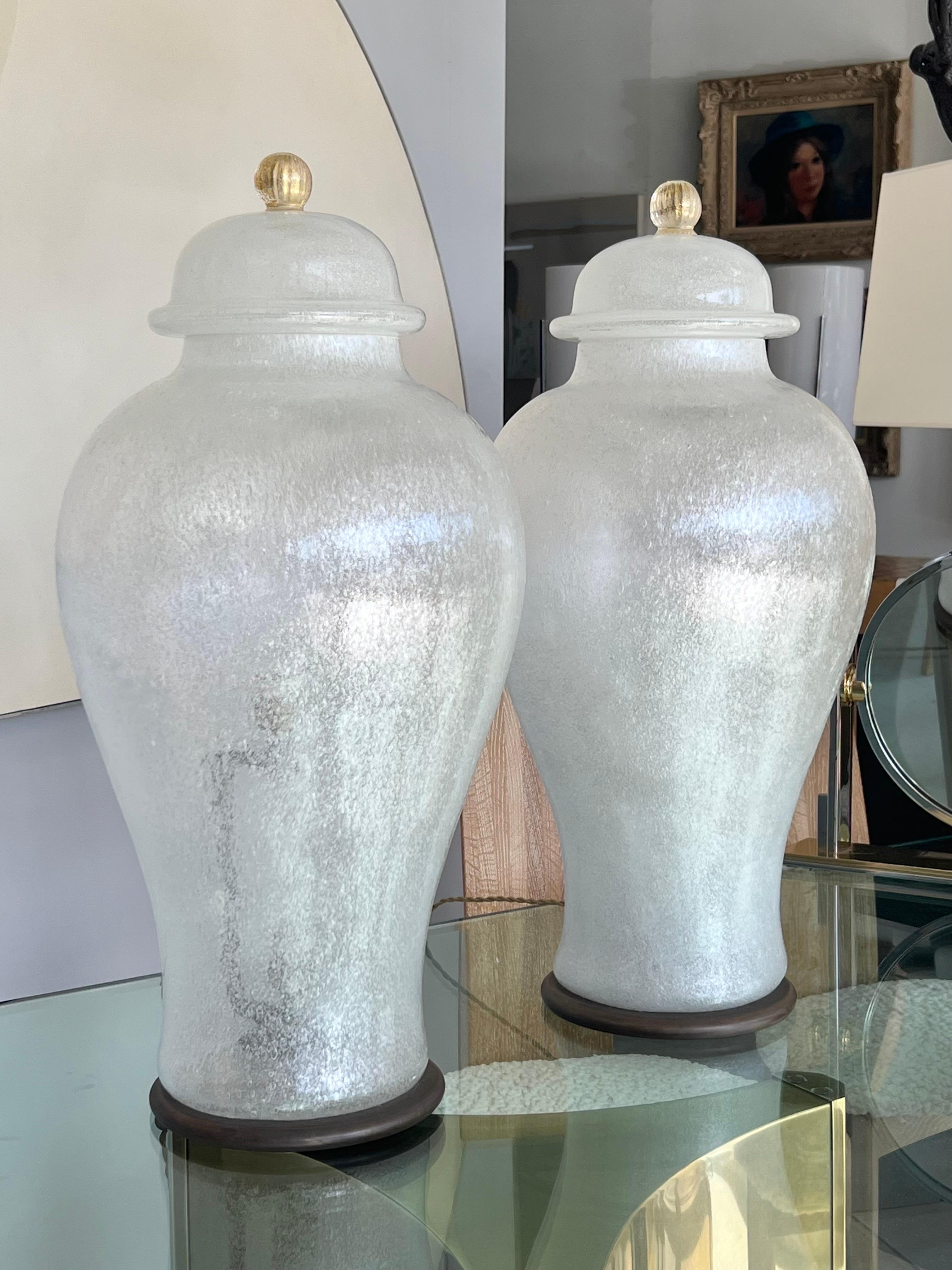 Italian Monumental Seguso Murano Glass Pulegoso Lighted Urns Lamps For Sale