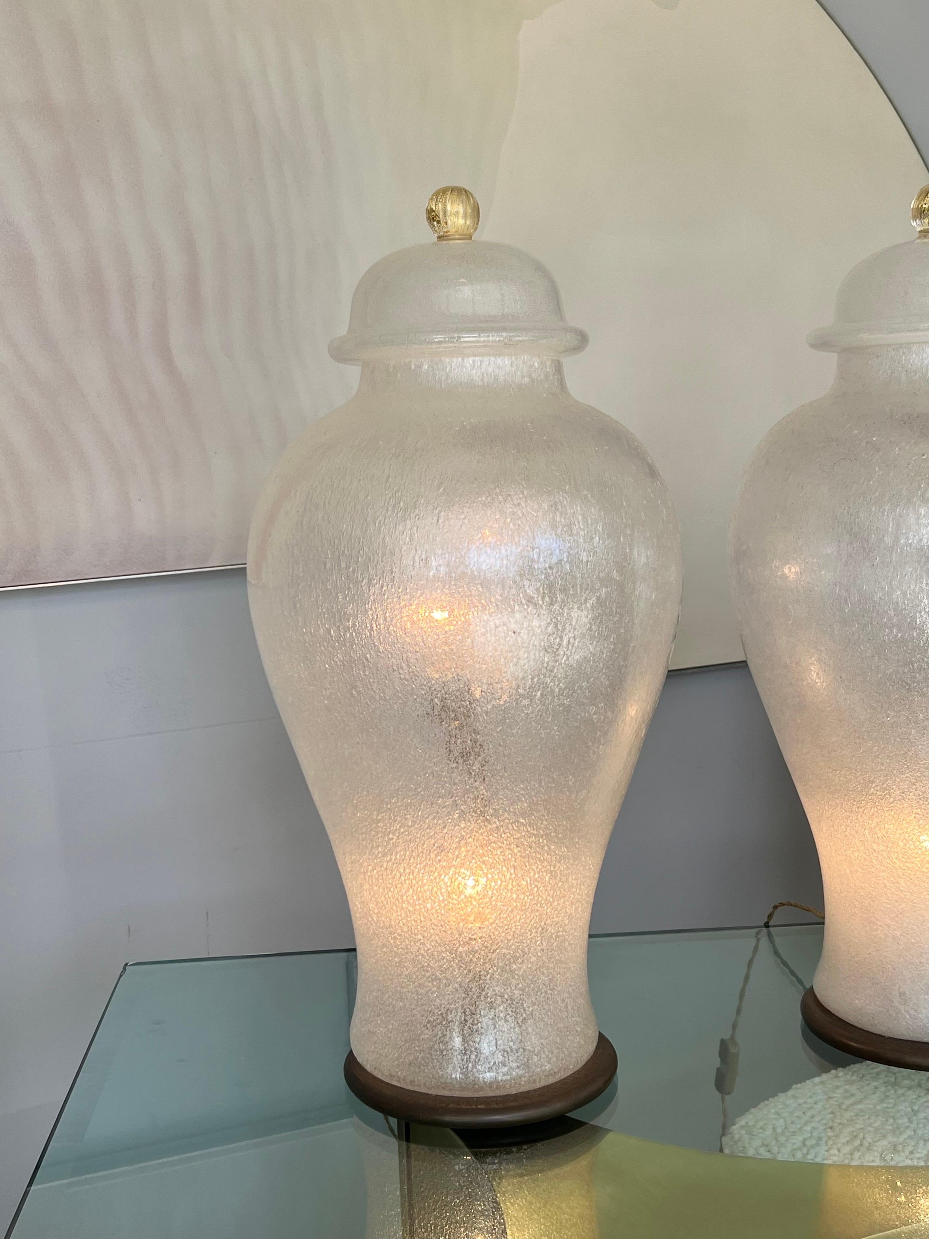 Art Glass Monumental Seguso Murano Glass Pulegoso Lighted Urns Lamps For Sale