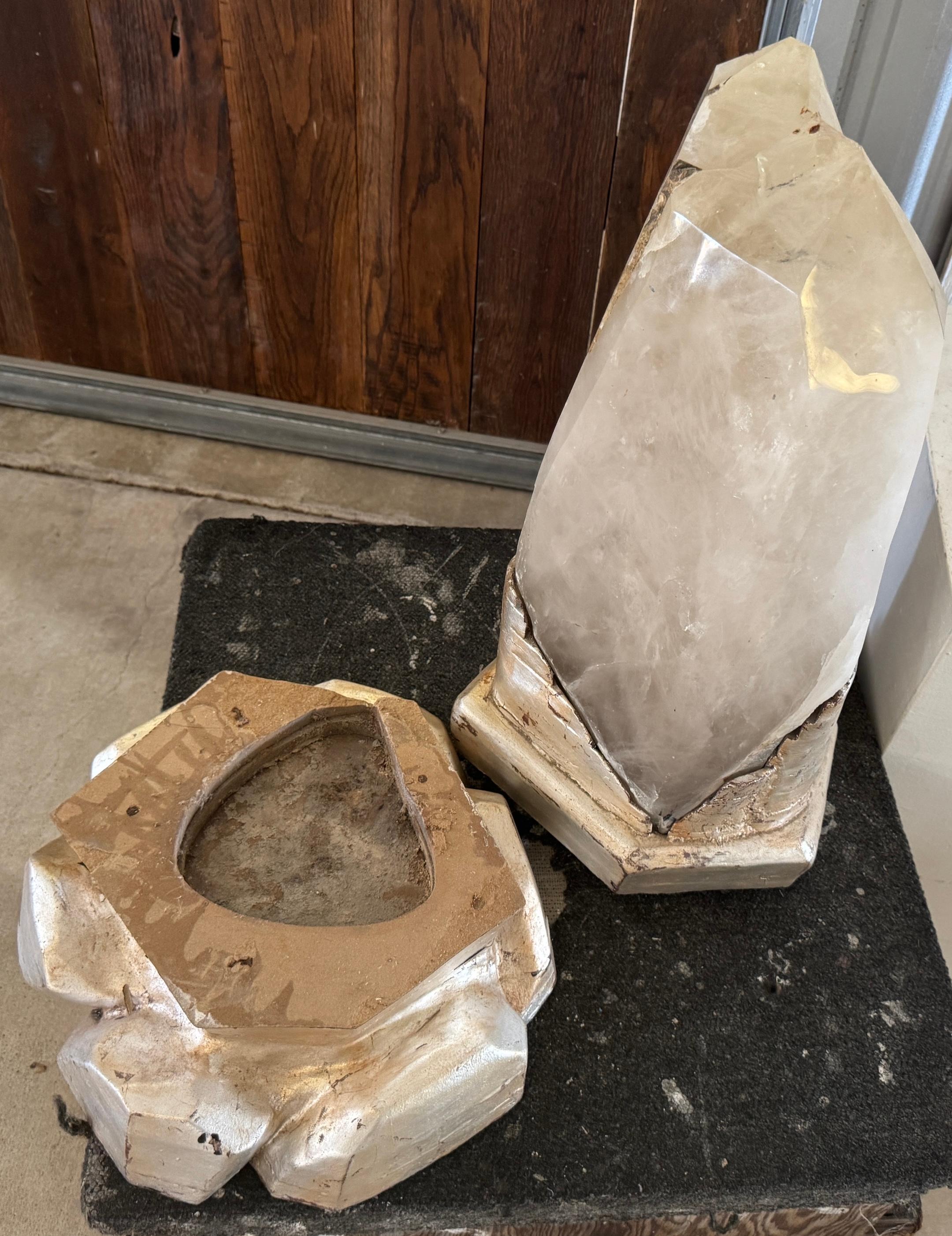 Monumental Serge Roche Style Rock Crystal Stalagmite, Rockwork Silver Leaf Base For Sale 3