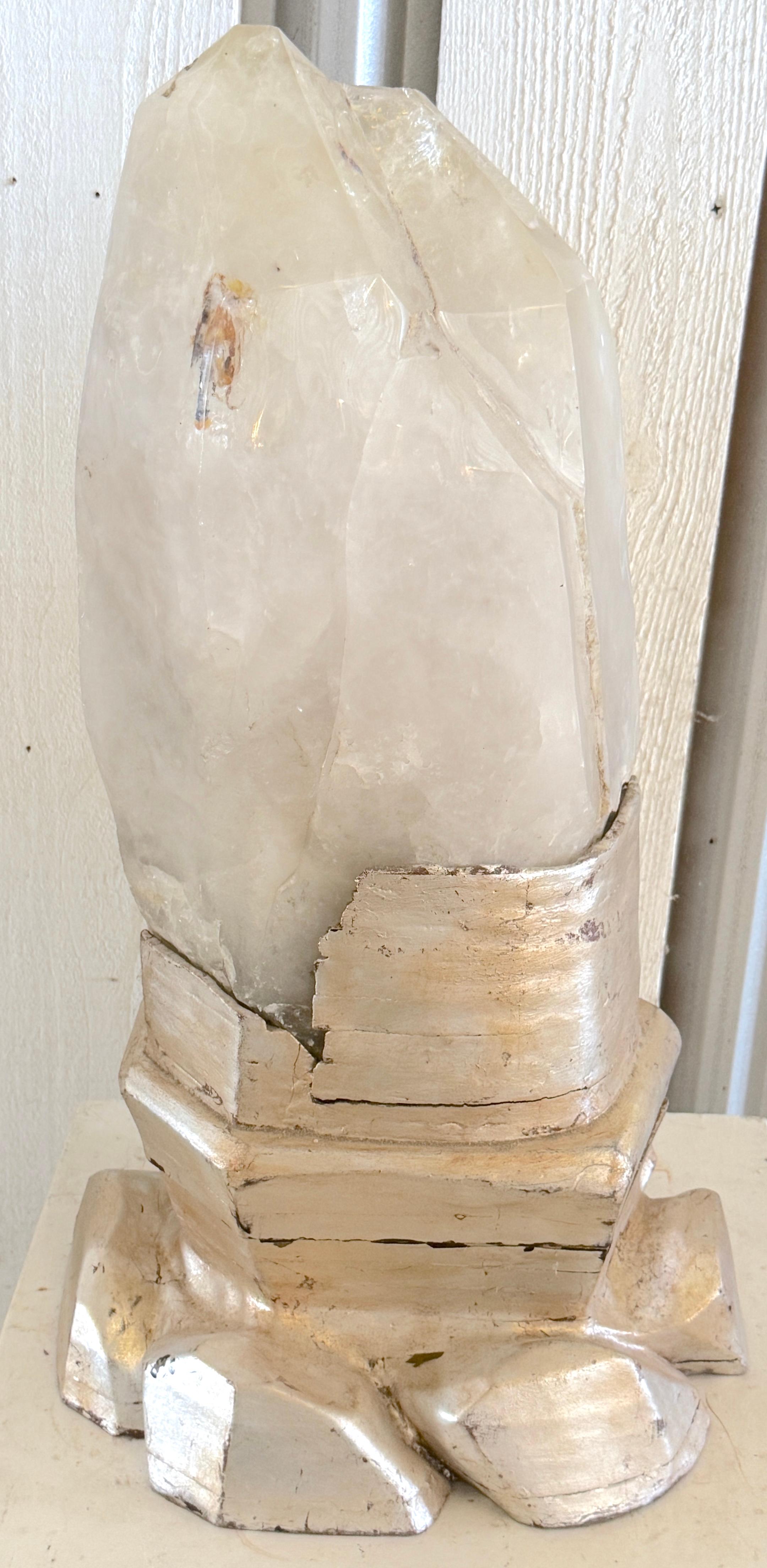 Monumental Rock Crystal Quartz Stalagmite on Carved Silver Leaf Base, in the Style of Serge Roche
France, Circa 1960
Two Pieces: The Rock Crystal Quartz Stalagmite and the Carved Silver Leaf Base

Measuring 28 inches in height with a footprint of 13