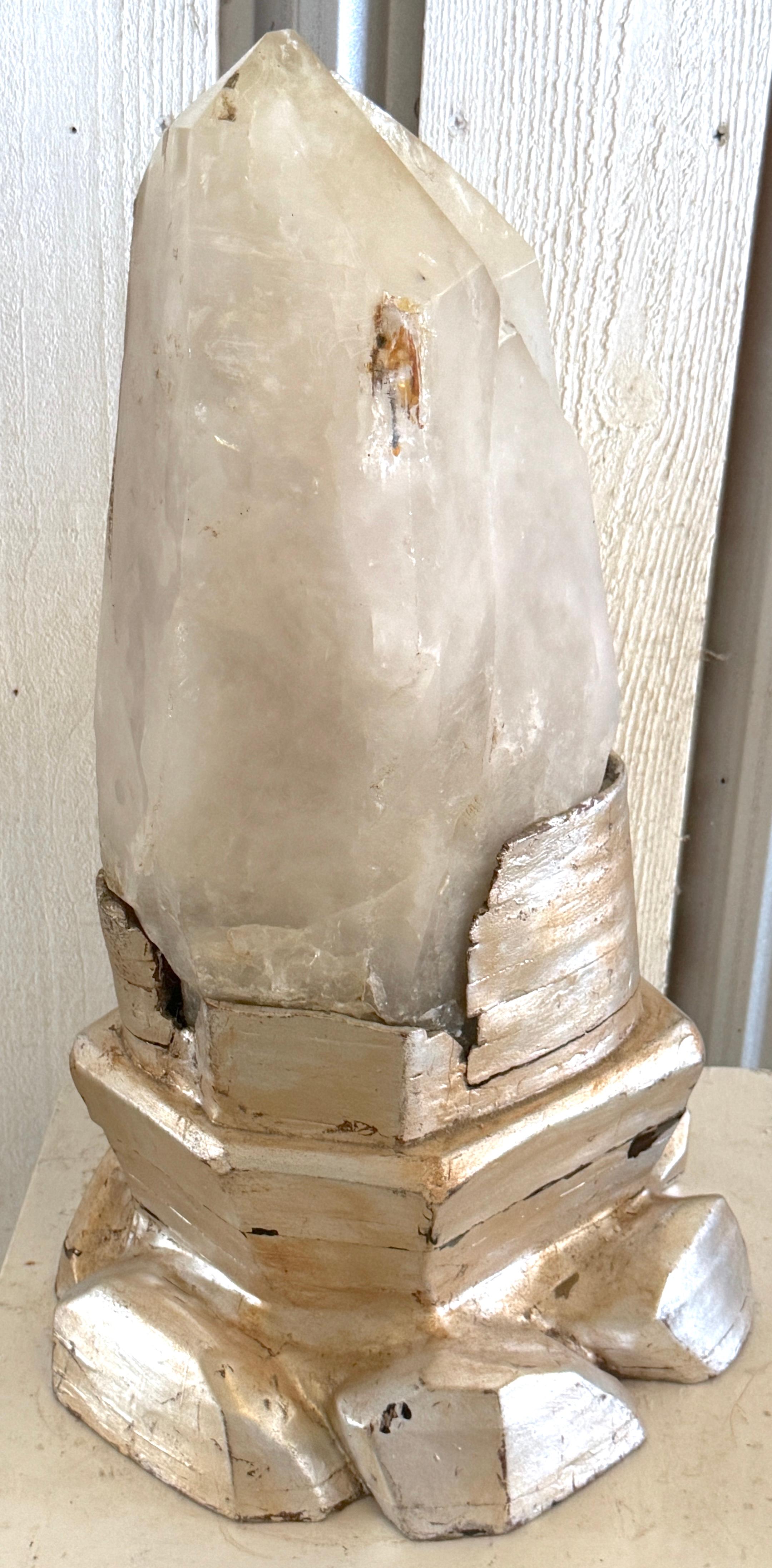 French Monumental Serge Roche Style Rock Crystal Stalagmite, Rockwork Silver Leaf Base For Sale