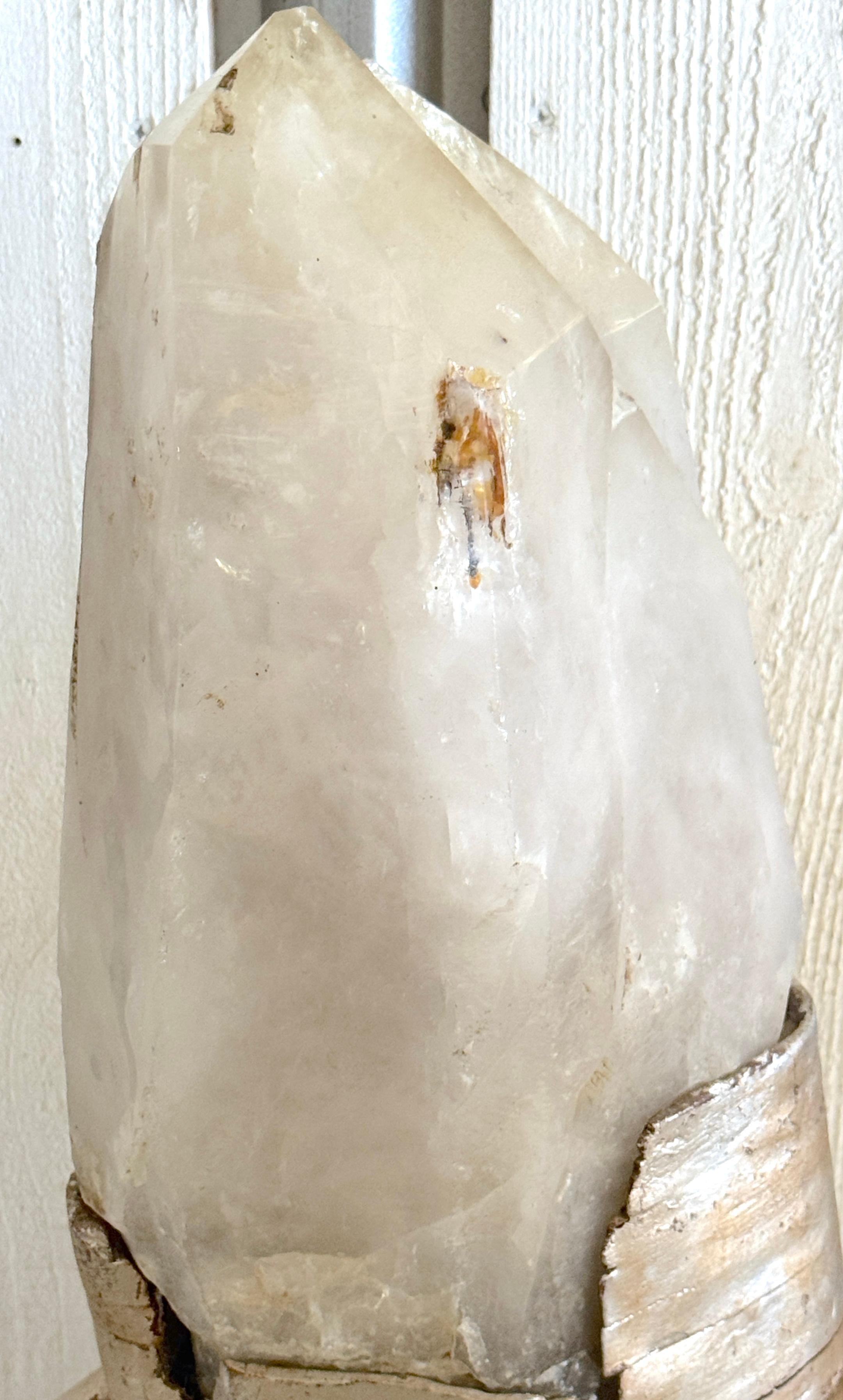 Carved Monumental Serge Roche Style Rock Crystal Stalagmite, Rockwork Silver Leaf Base For Sale