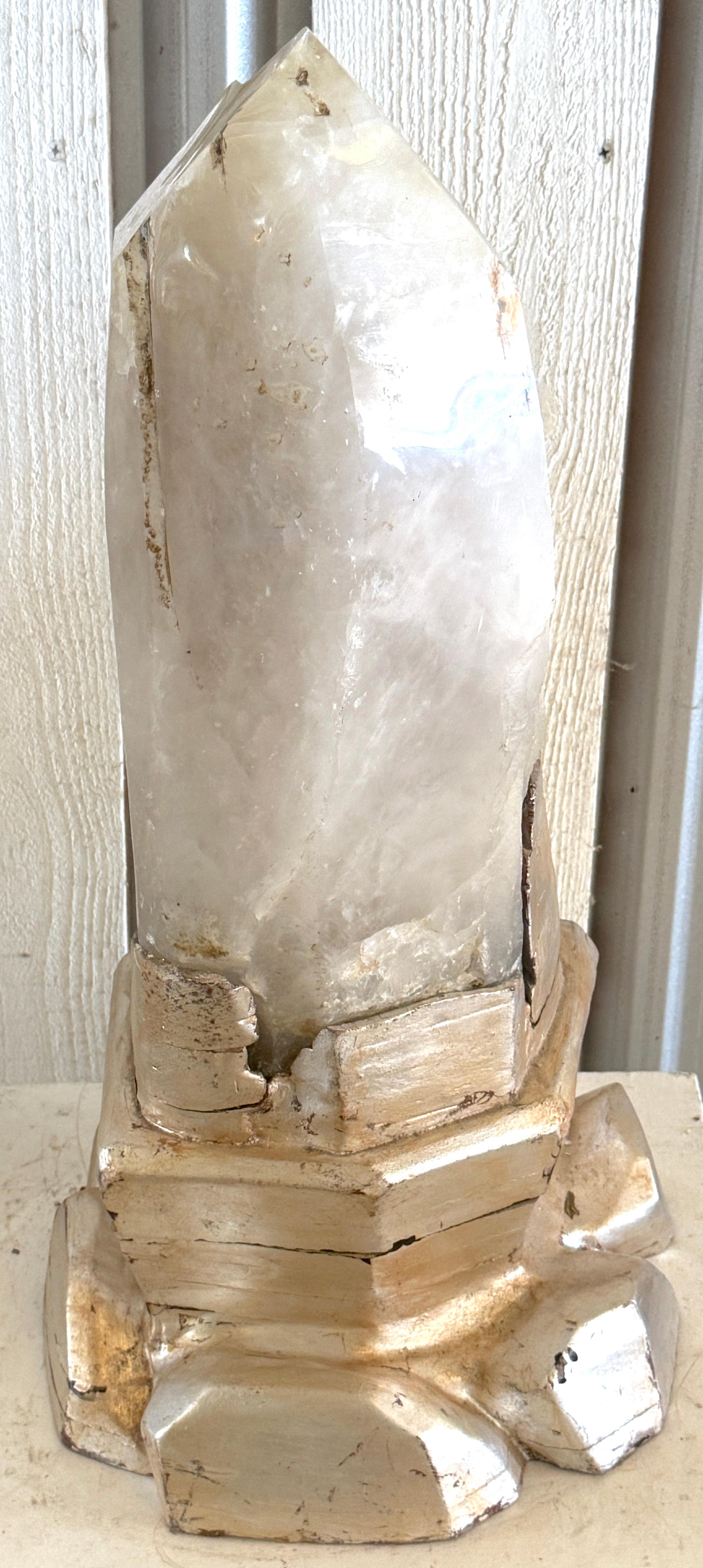 20th Century Monumental Serge Roche Style Rock Crystal Stalagmite, Rockwork Silver Leaf Base For Sale