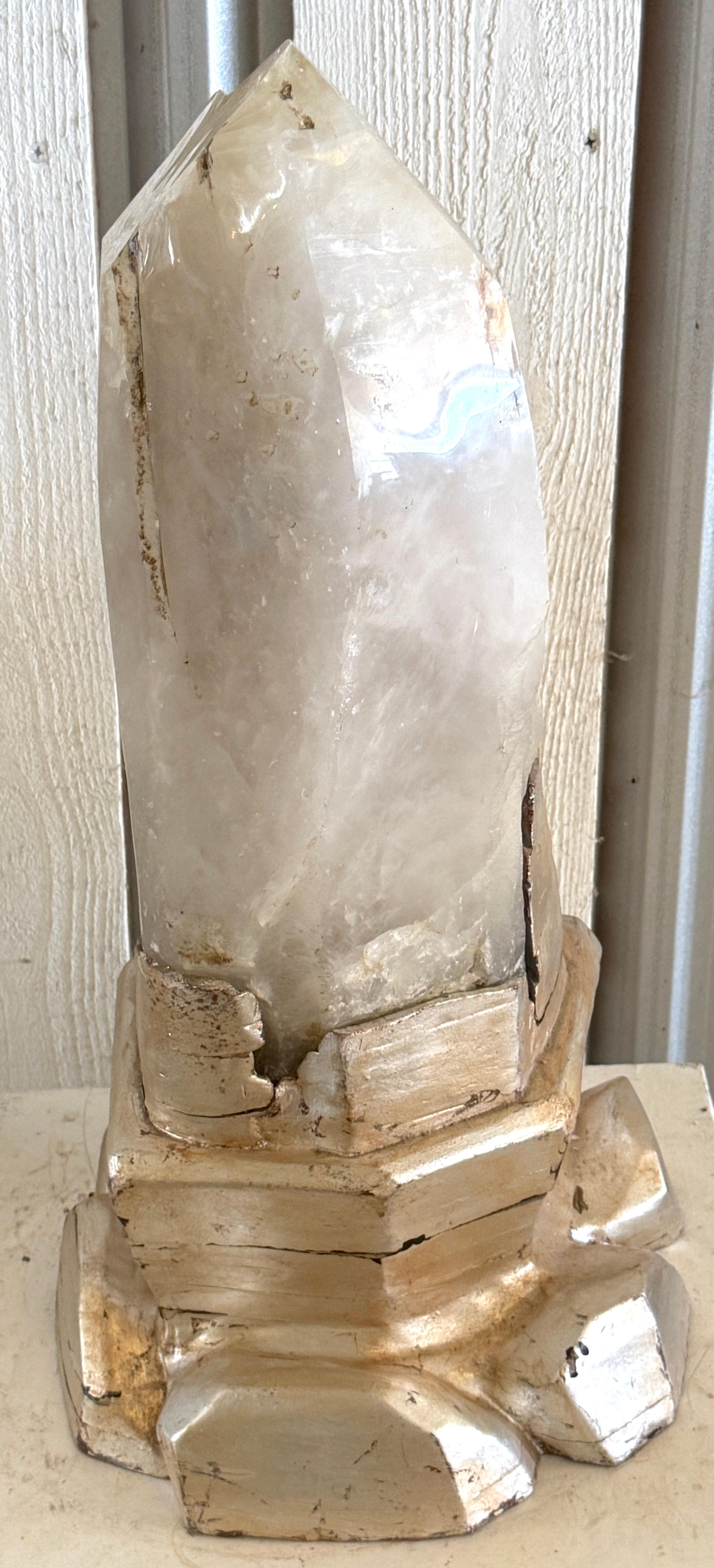 Monumental Serge Roche Style Rock Crystal Stalagmite, Rockwork Silver Leaf Base For Sale 1