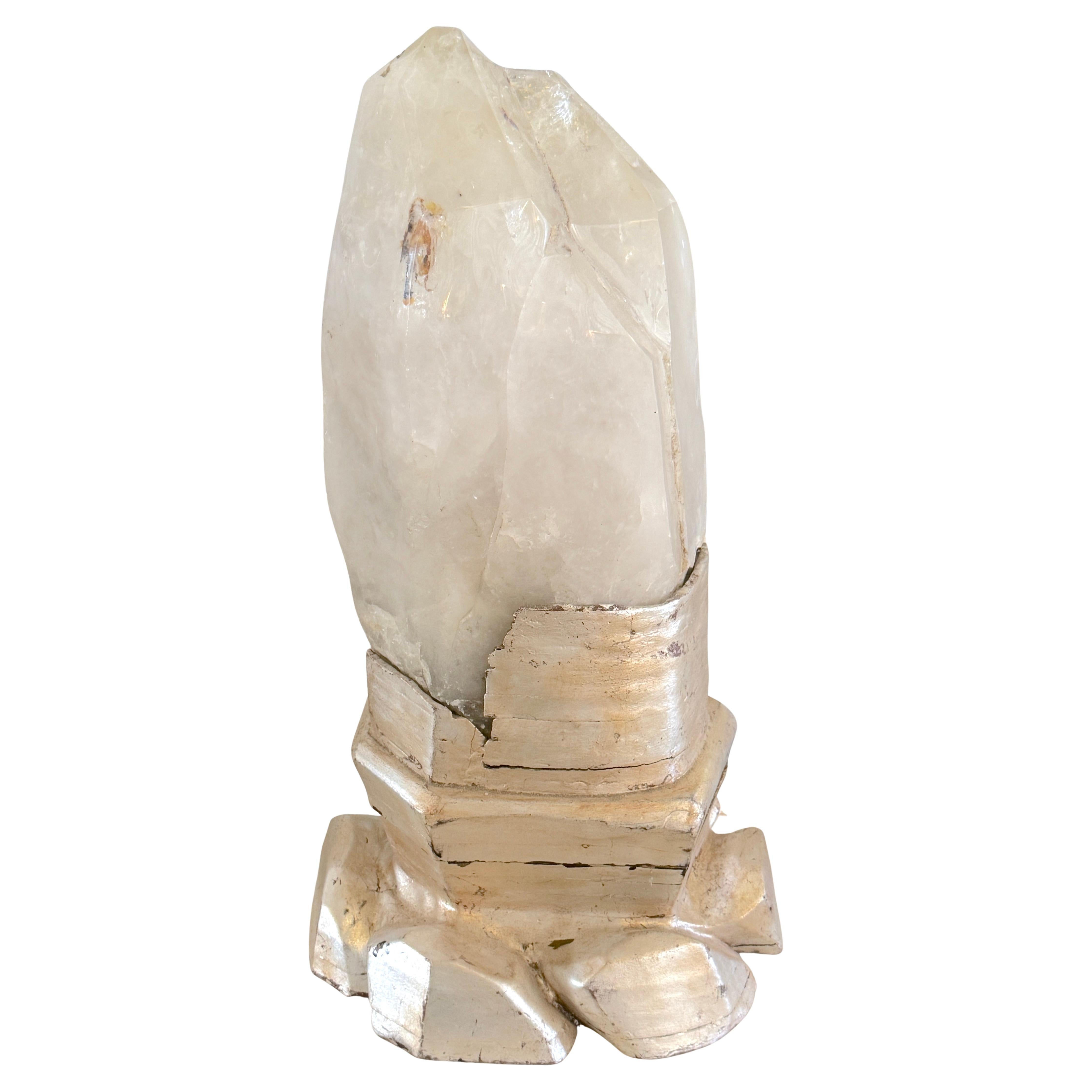 Monumental Serge Roche Style Rock Crystal Stalagmite, Rockwork Silver Leaf Base For Sale