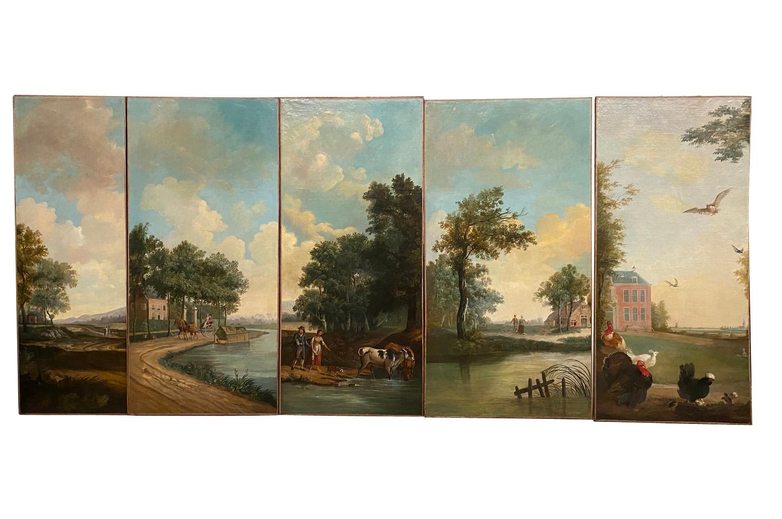 A fantastic and monumental set of 5 18th century Paintings from a chateau in Beziers, France.  Beautifully executed from oil on canvas.  These panels were imbedded in boiserie paneling in the chateau's salon.  The height of the panels is 93 1/2