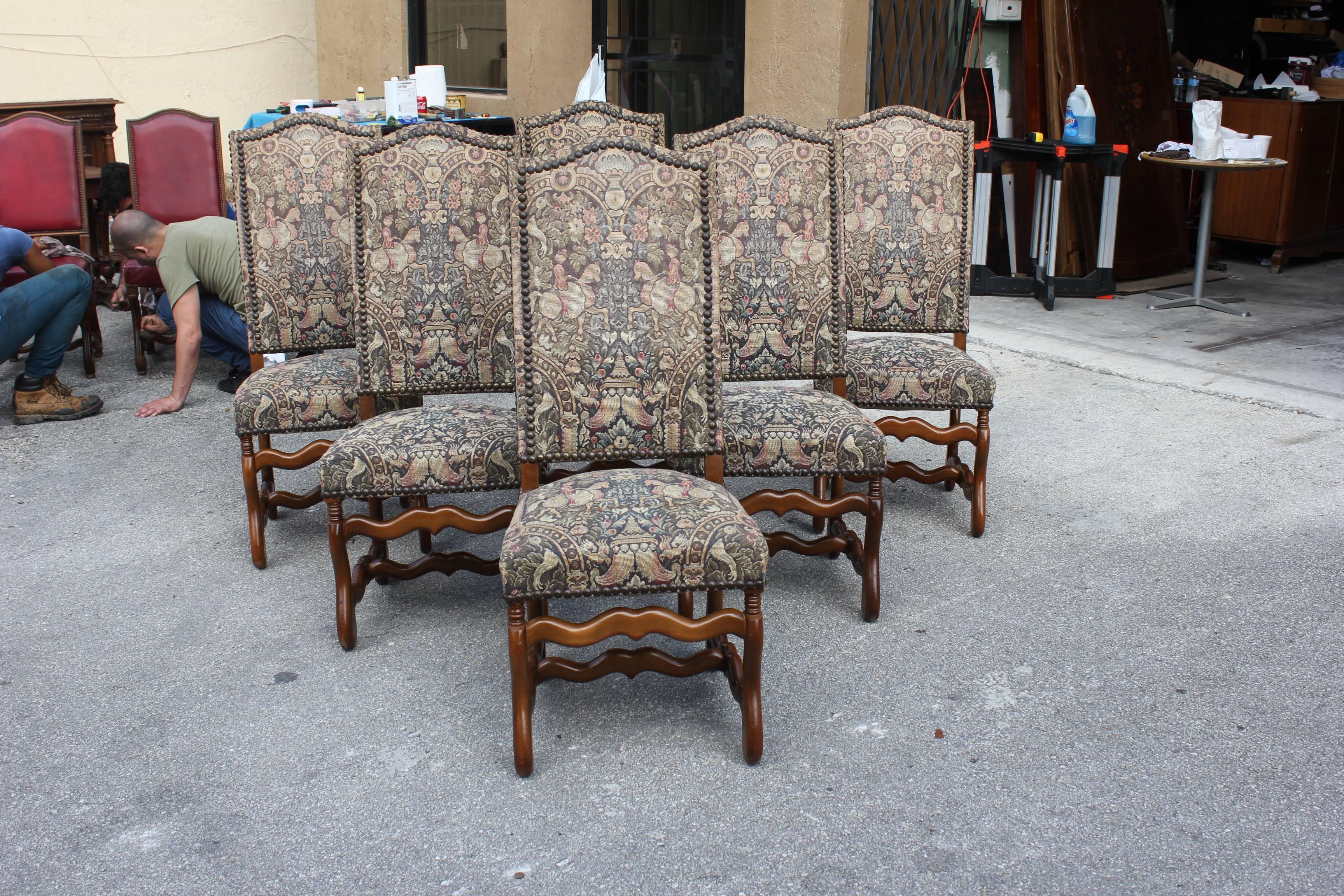 Fabric Monumental Set of Six French Louis XIII Style Os De Mouton Dining Chairs