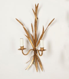 Monumental Set of Three 1970s Gilt Wheat Sheaf Wall Sconces in the Manner of Han