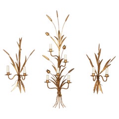 Monumental Set of Three 1970s Gilt Wheat Sheaf Wall Sconces in the Manner of Han