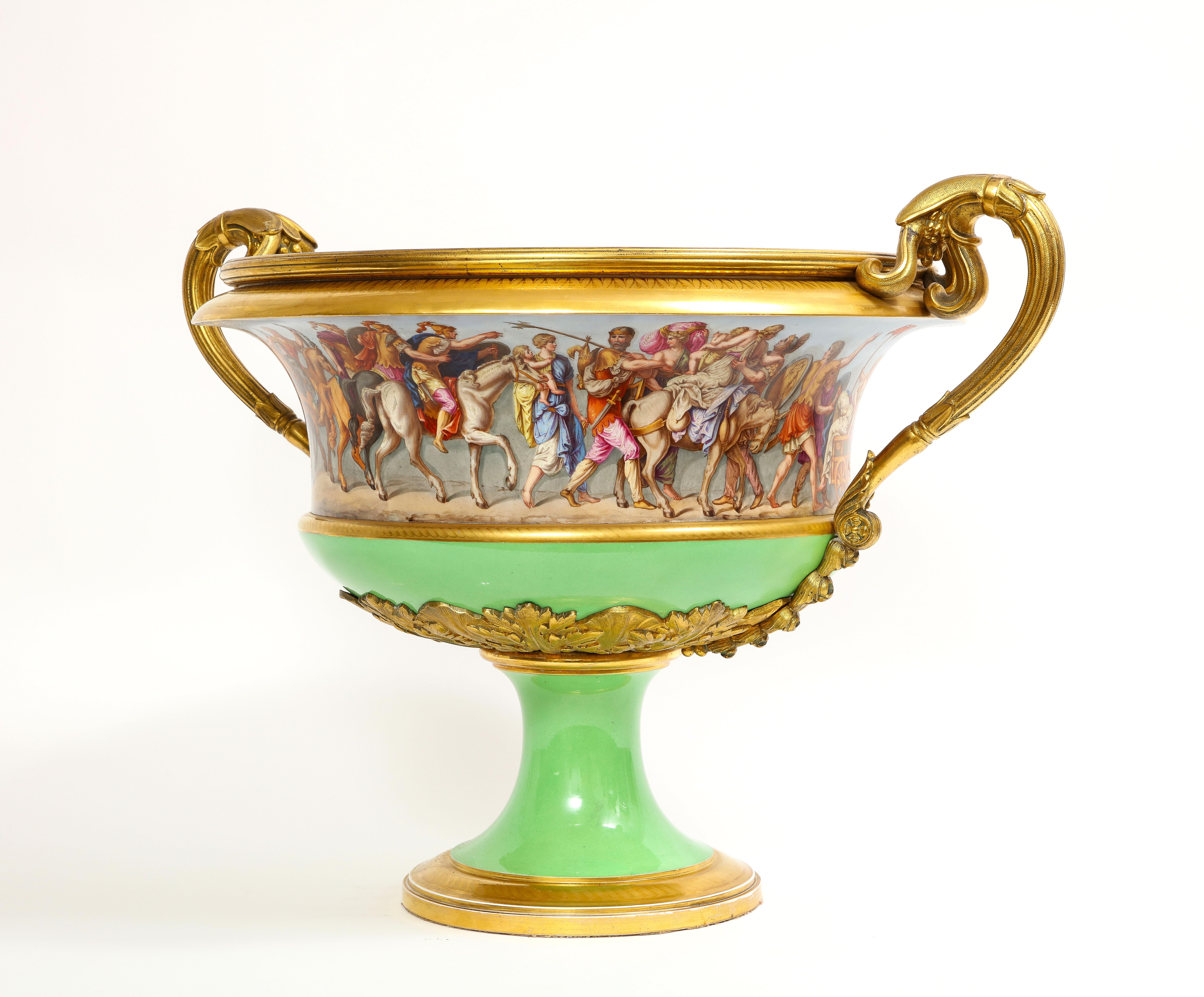 French Monumental Sevres Porcelain Ormolu-Mounted 2-Handle Campana Form Centerpiece For Sale