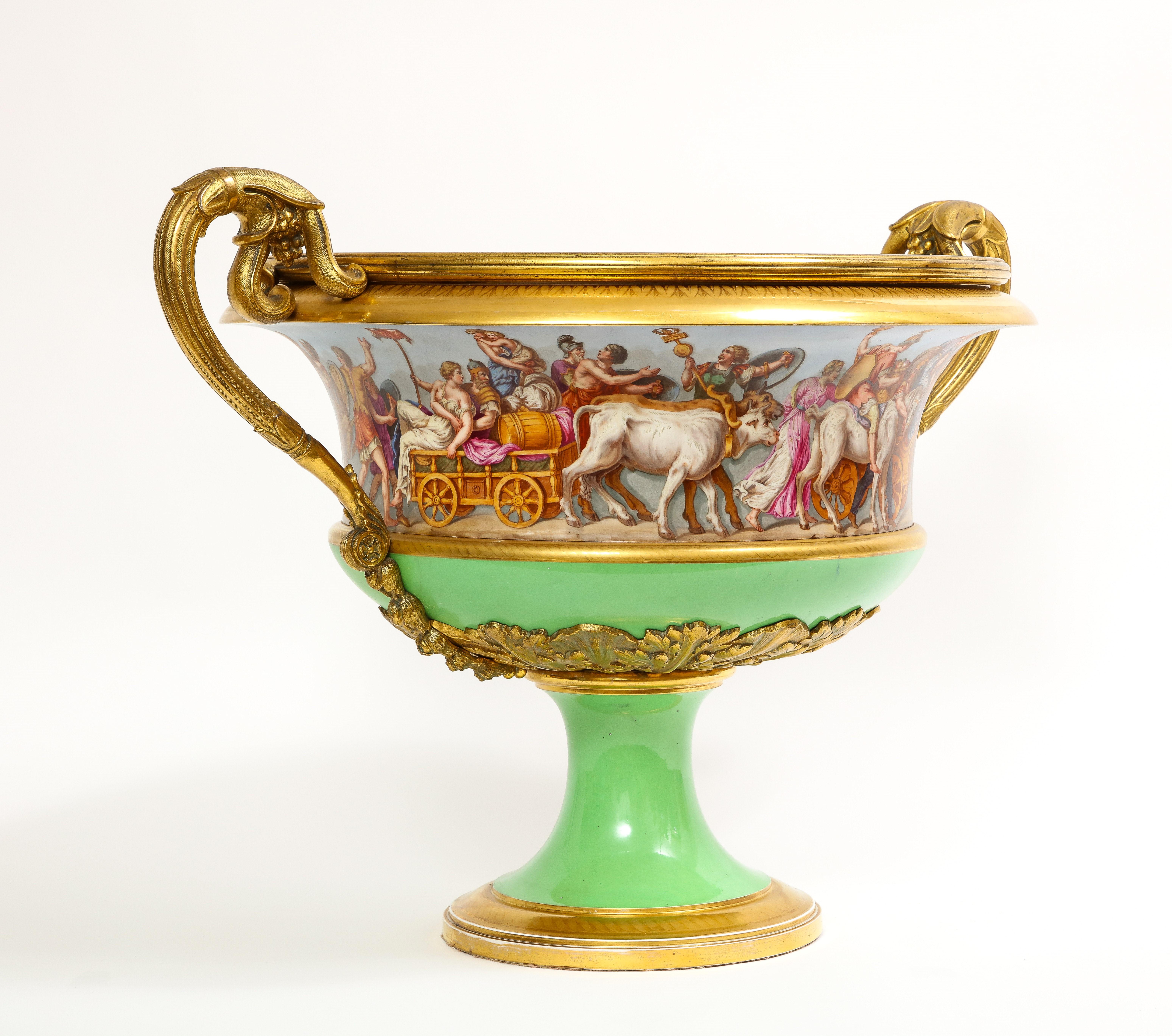 Hand-Painted Monumental Sevres Porcelain Ormolu-Mounted 2-Handle Campana Form Centerpiece For Sale