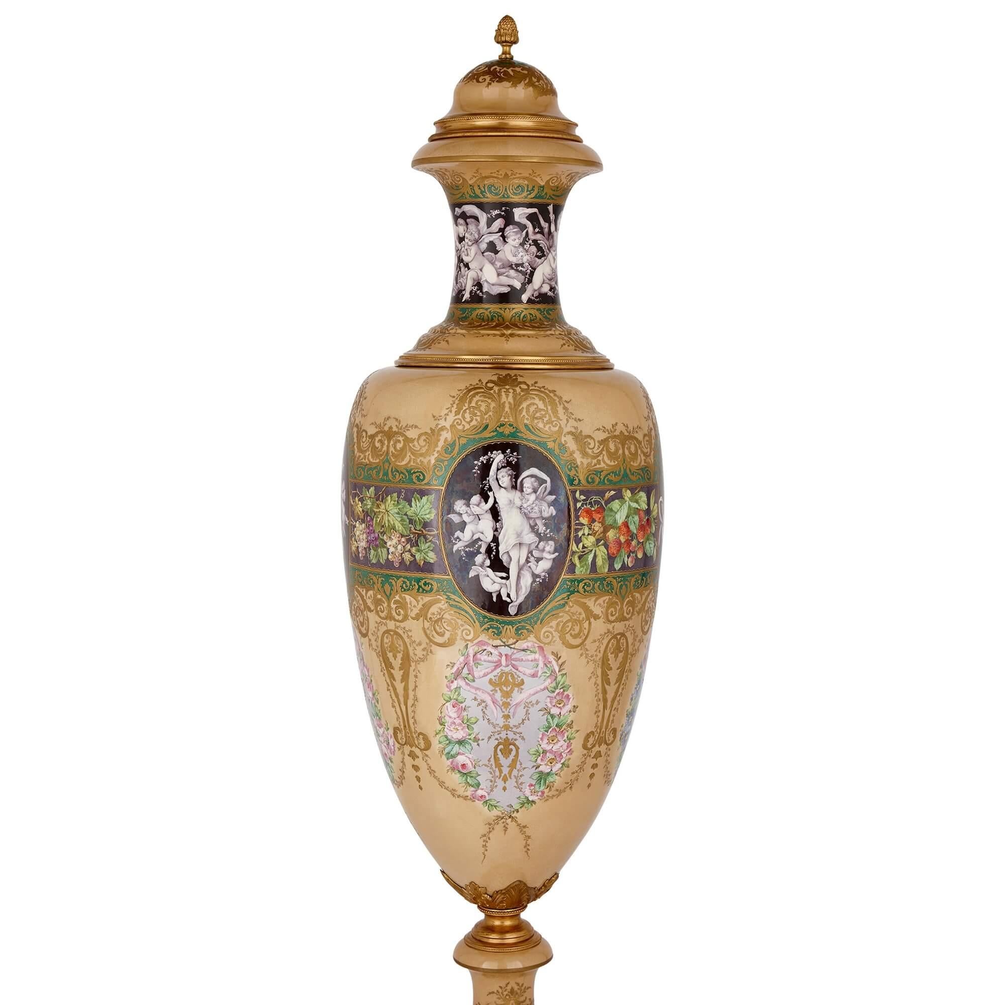 Rococo Monumental Sèvres style ormolu mounted porcelain vase of the Four Seasons For Sale