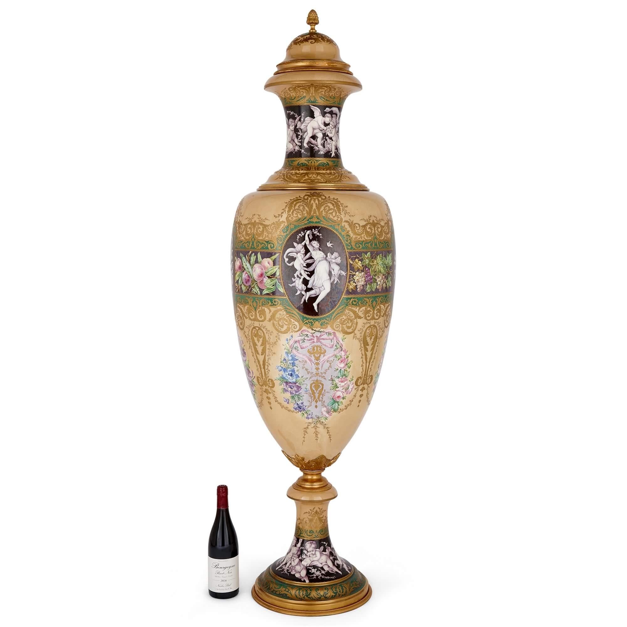 Porcelain Monumental Sèvres style ormolu mounted porcelain vase of the Four Seasons For Sale