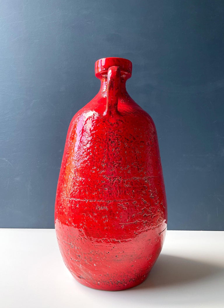 Mid-Century Modern Large Floor Vase Shiny Red Danish Modern Chamotte Clay, 1960s For Sale