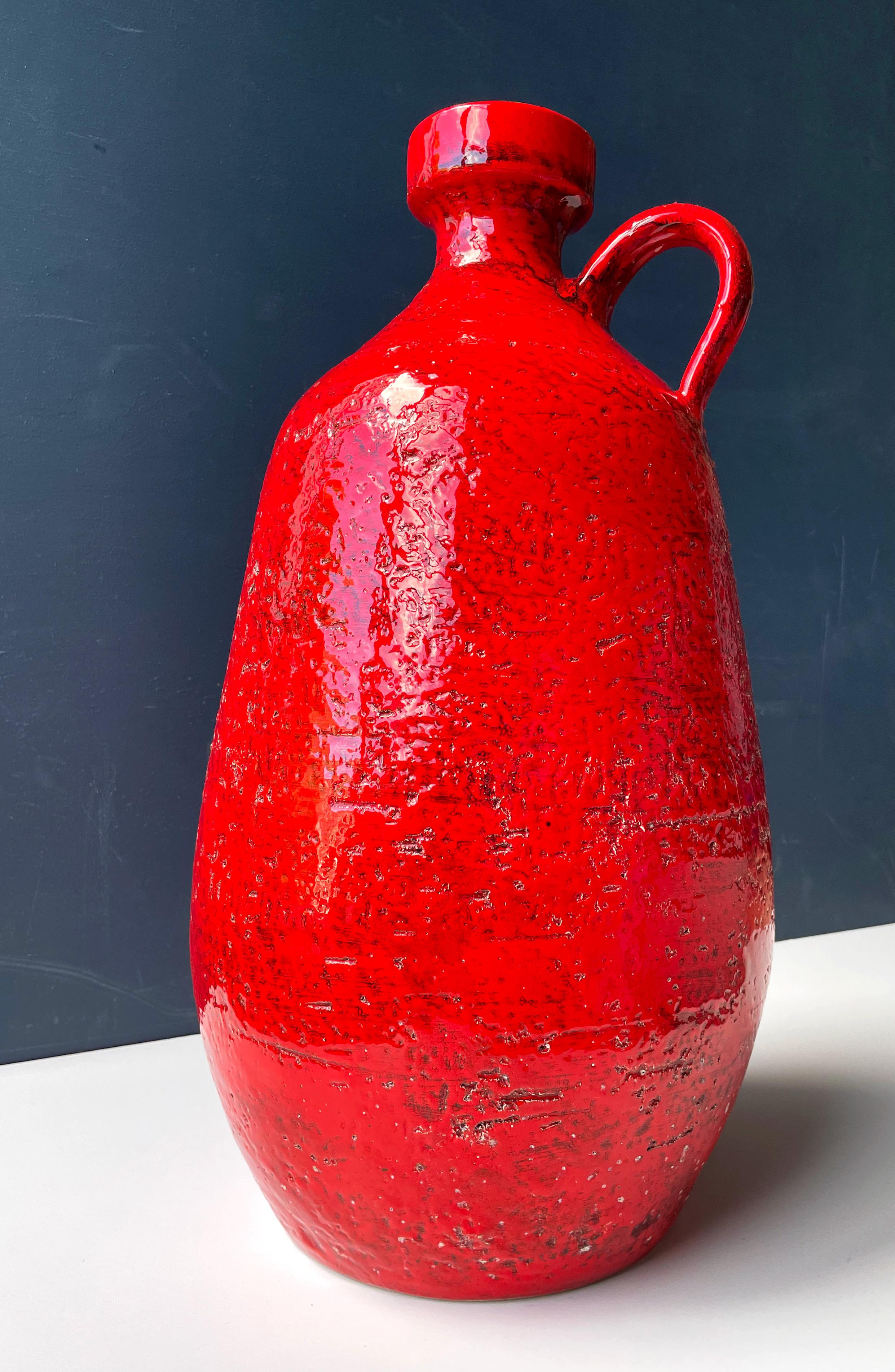 European Large Shiny Red Floor Vase Modernist Chamotte Clay, 1960s For Sale