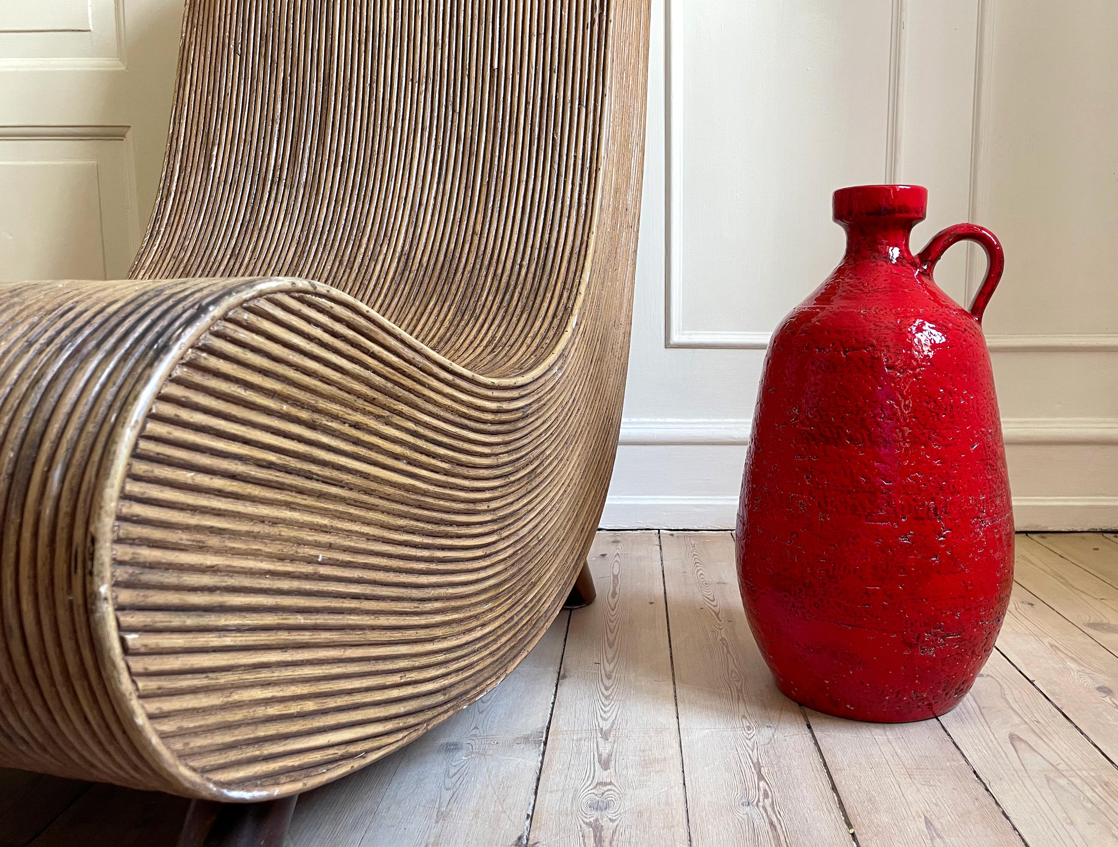 Glazed Large Shiny Red Floor Vase Modernist Chamotte Clay, 1960s For Sale