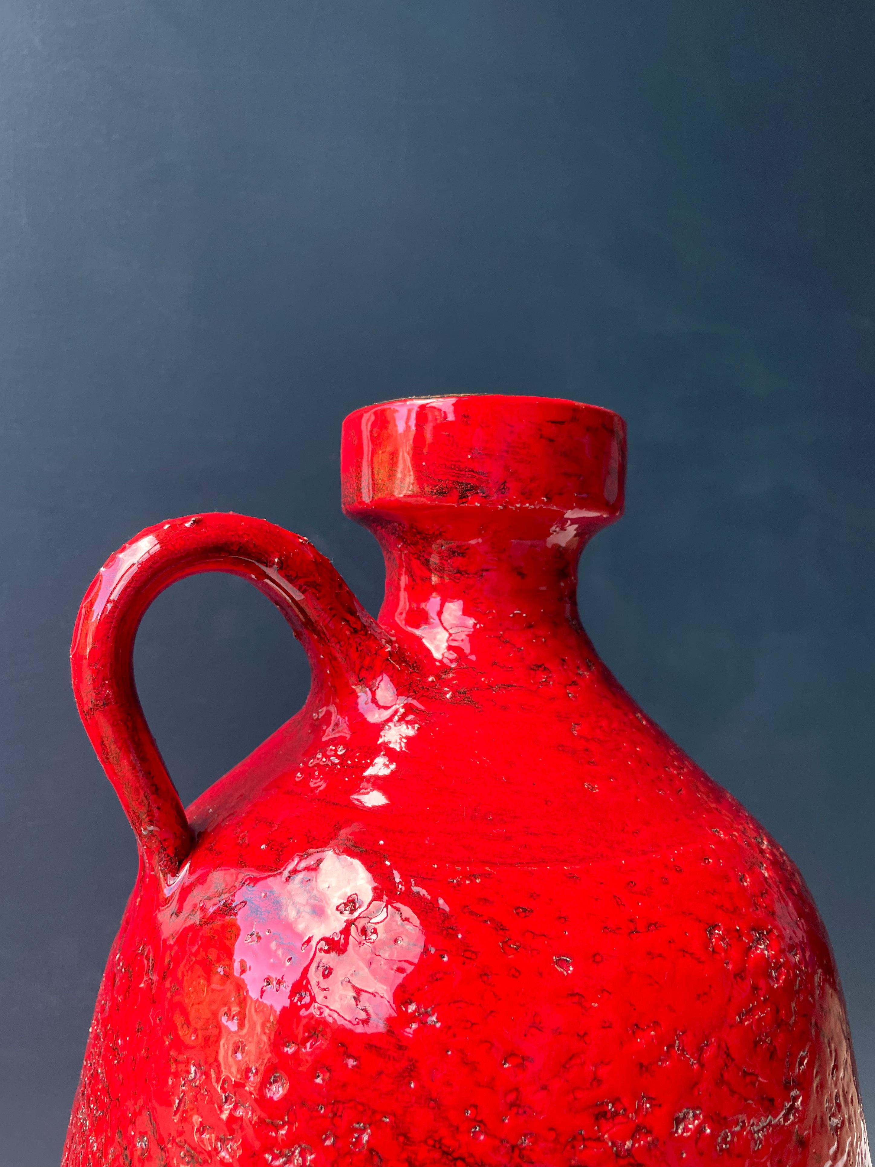 Glazed Large Shiny Red Floor Vase Modernist Chamotte Clay, 1960s For Sale