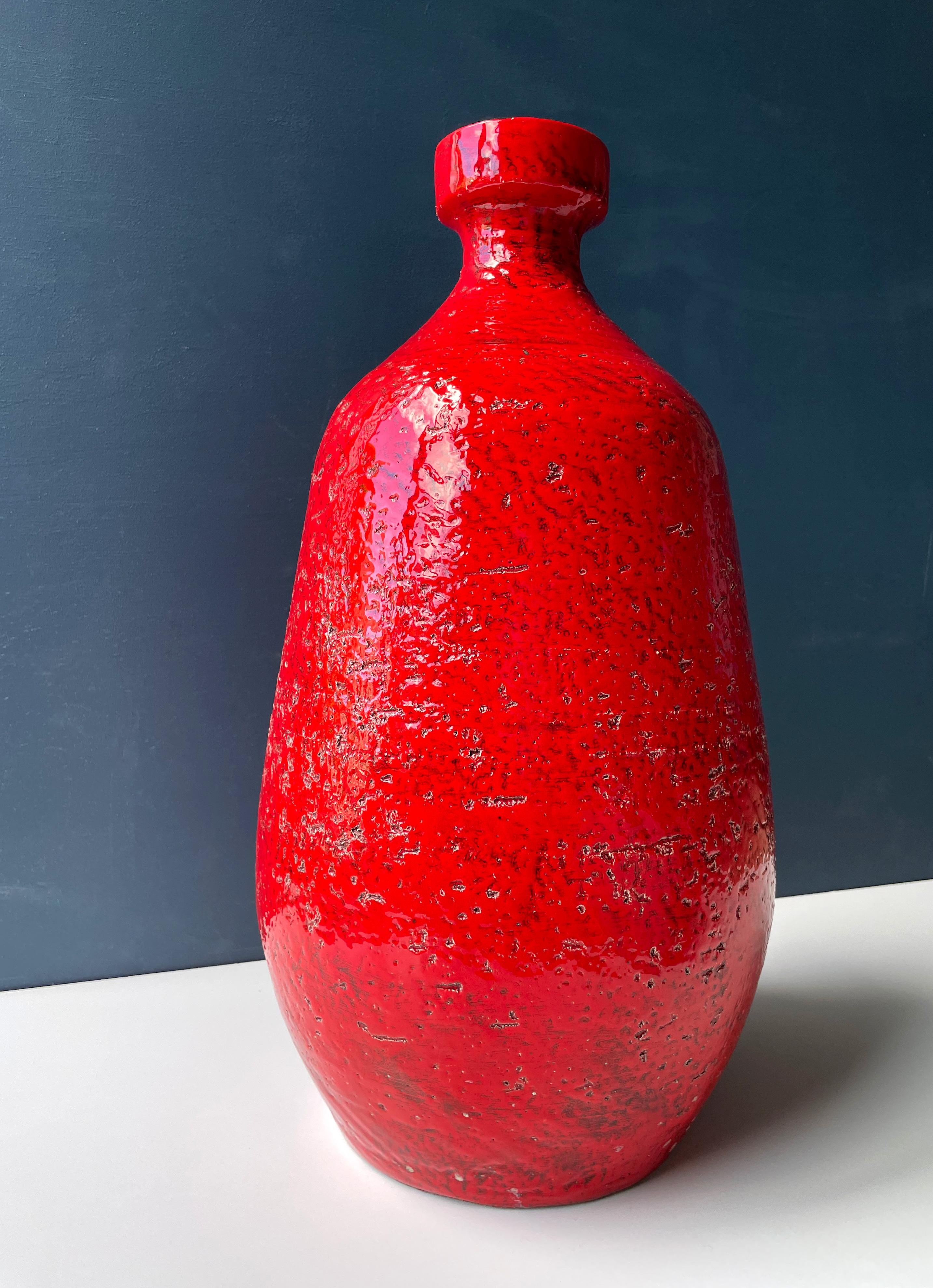 Ceramic Large Shiny Red Floor Vase Modernist Chamotte Clay, 1960s For Sale