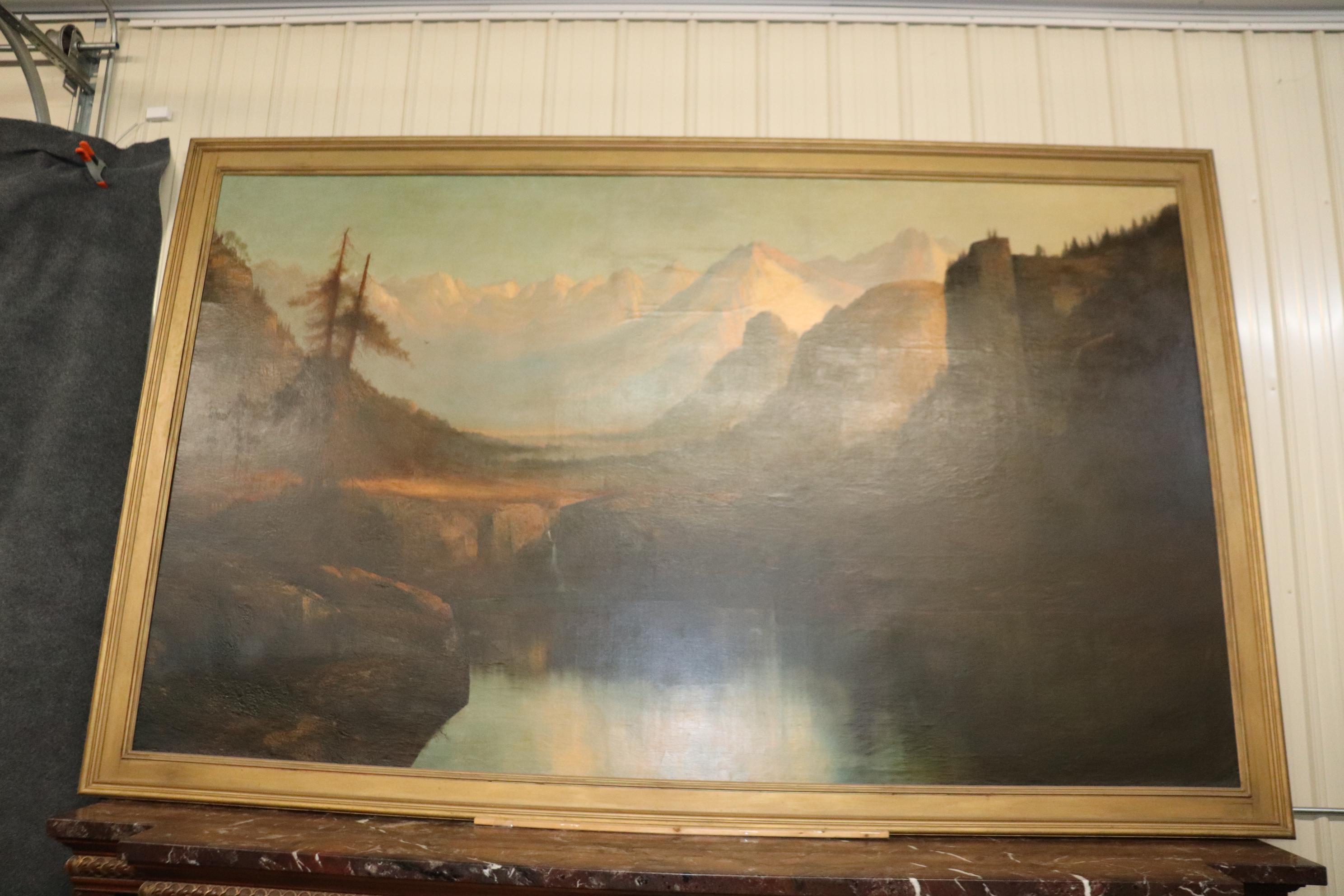 The table is not included.

This is a truly monumental, museum-worthy oil painting signed Henry Arthur Elkins. The painting is absolutely enormous and would make a fantastic statement piece for a western home in Colorado or anywhere else that needs