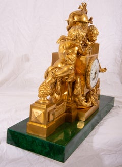 Monumental Signed Louis XVI Malachite and Ormolu Mantel Clock, Late 18th Century