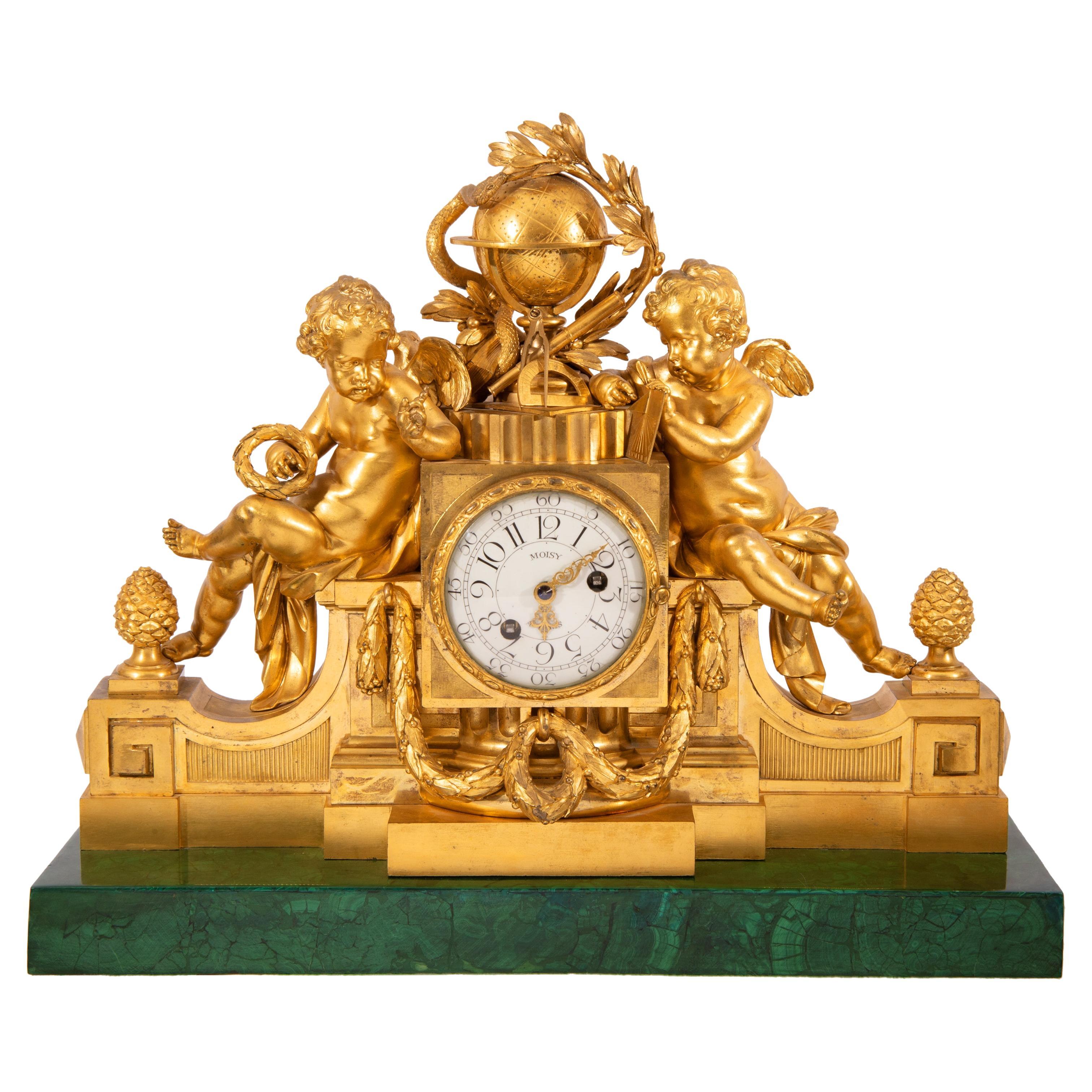 Monumental Signed Louis XVI Malachite and Ormolu Mantel Clock, Late 18th Century
