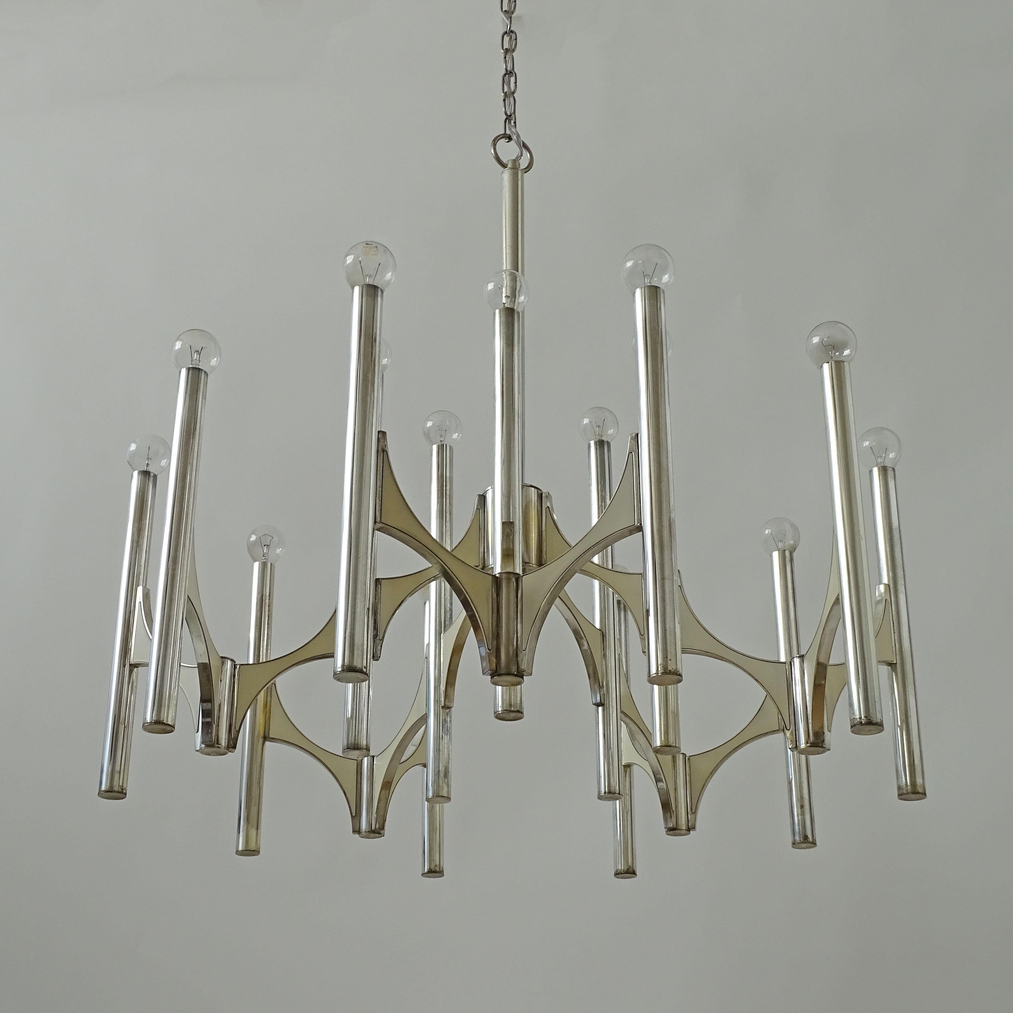 Mid-20th Century Monumental Silver Plated Brass Chandelier by Gaetano Sciolari, Italy 1960s For Sale