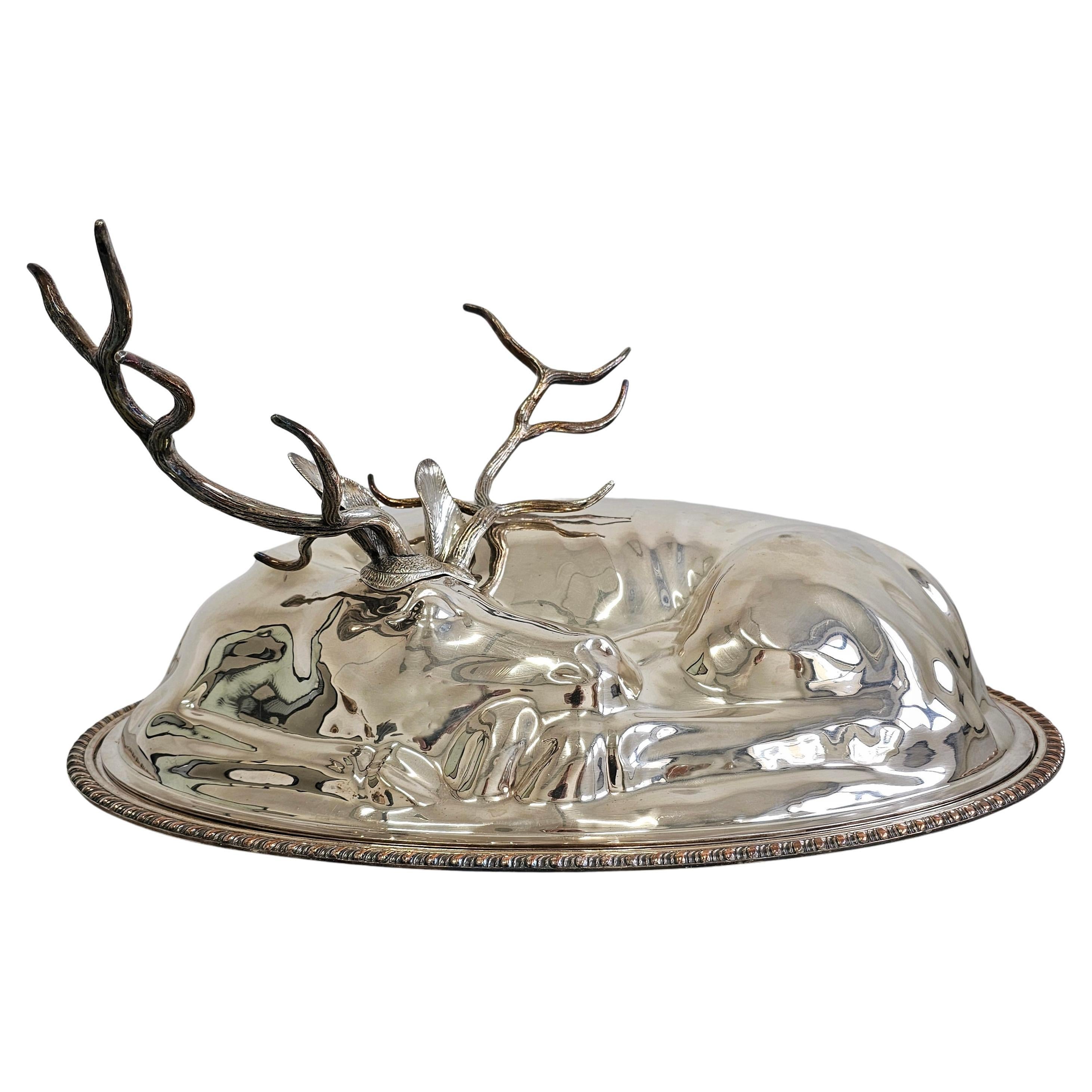 Monumental Silver Plated Covered Serving Platter Resting Stag by Teghini Firenze