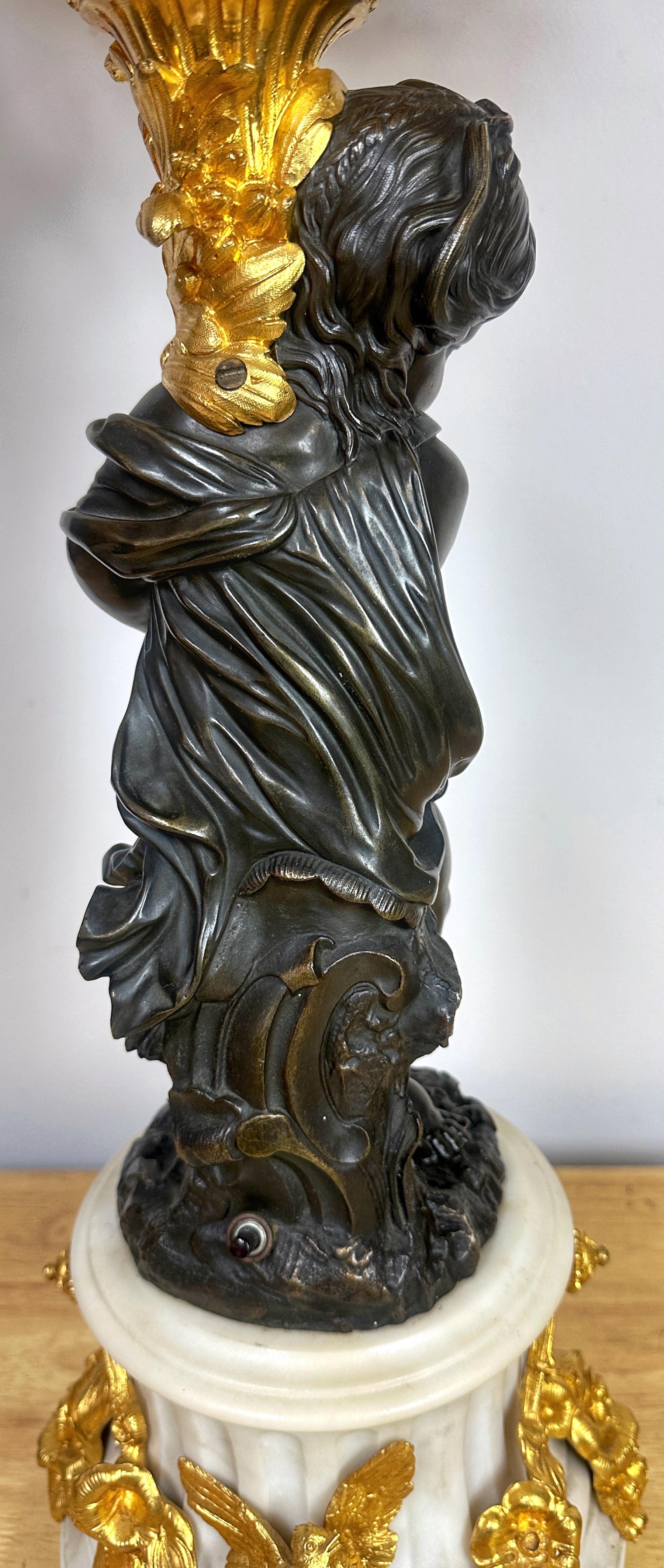 Monumental Single Louis XVI Style Ormolu and Patinated Seven-Light Candelabra For Sale 9