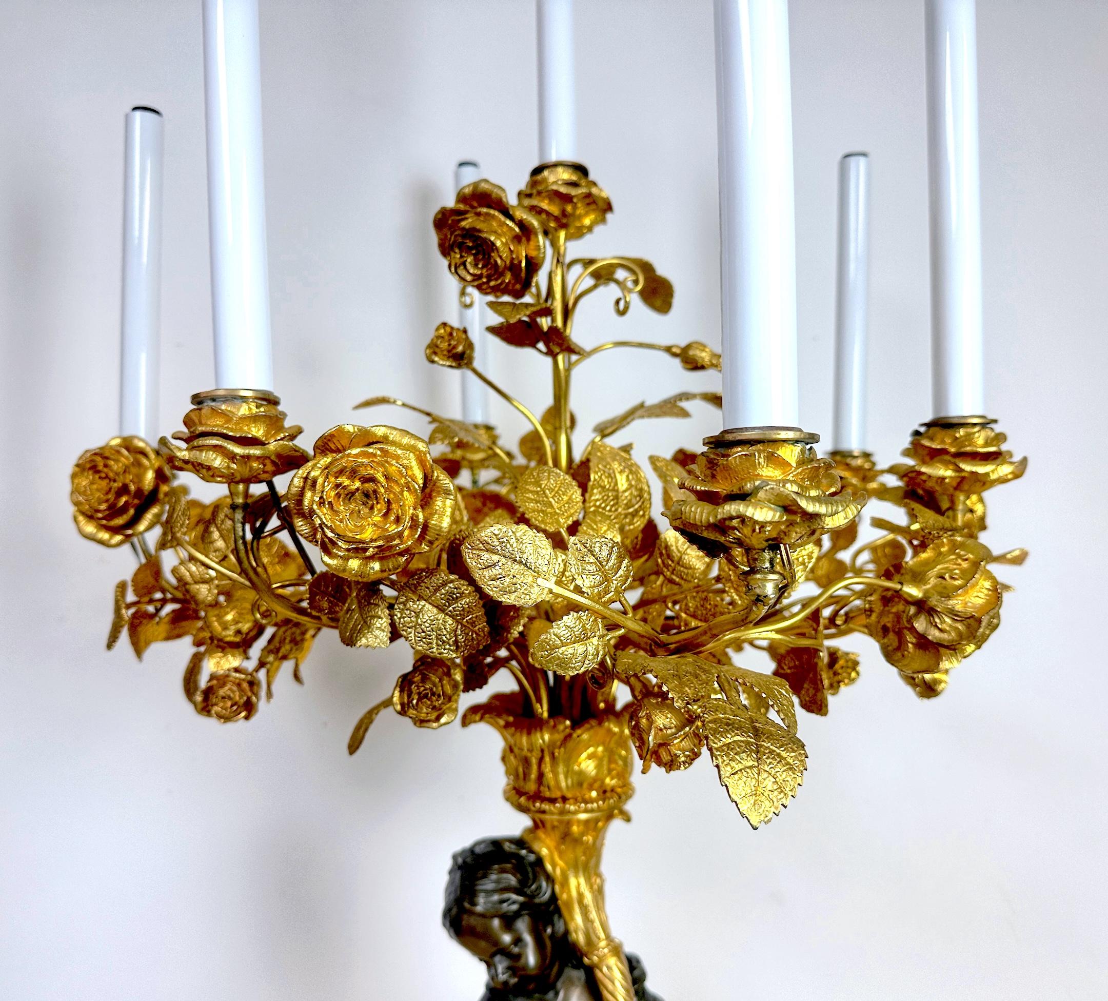 Monumental Single Louis XVI Style Ormolu and Patinated Seven-Light Candelabra For Sale 10