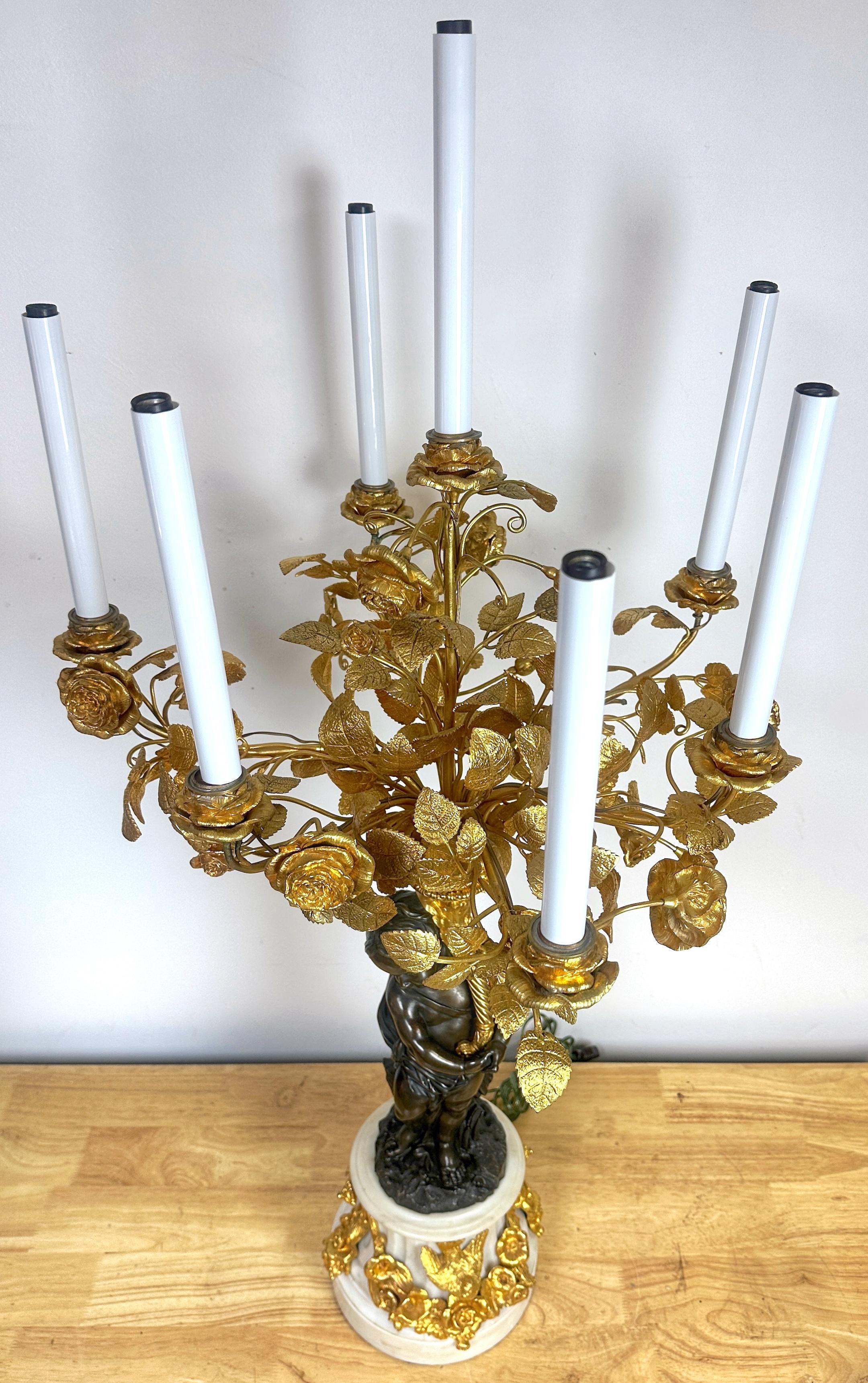 Monumental Single Louis XVI Style Ormolu and Patinated Seven-Light Candelabra For Sale 11