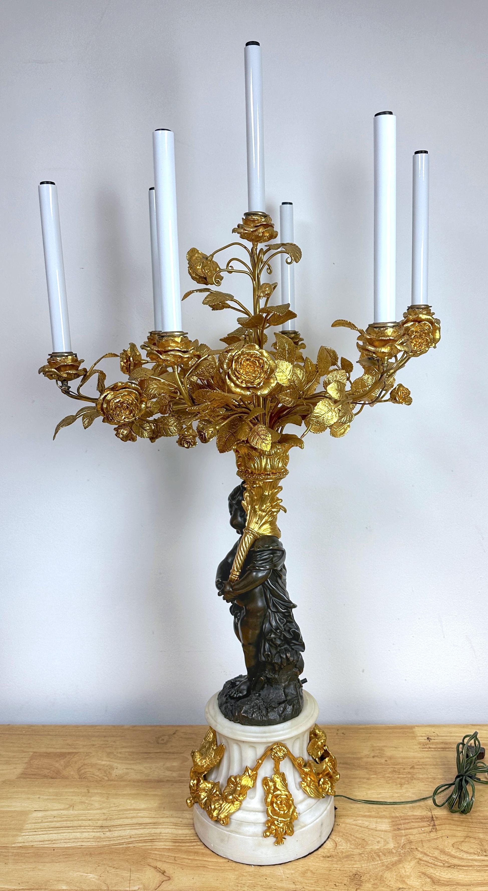 Monumental Single Louis XVI Style Ormolu and Patinated Seven-Light Candelabra For Sale 12
