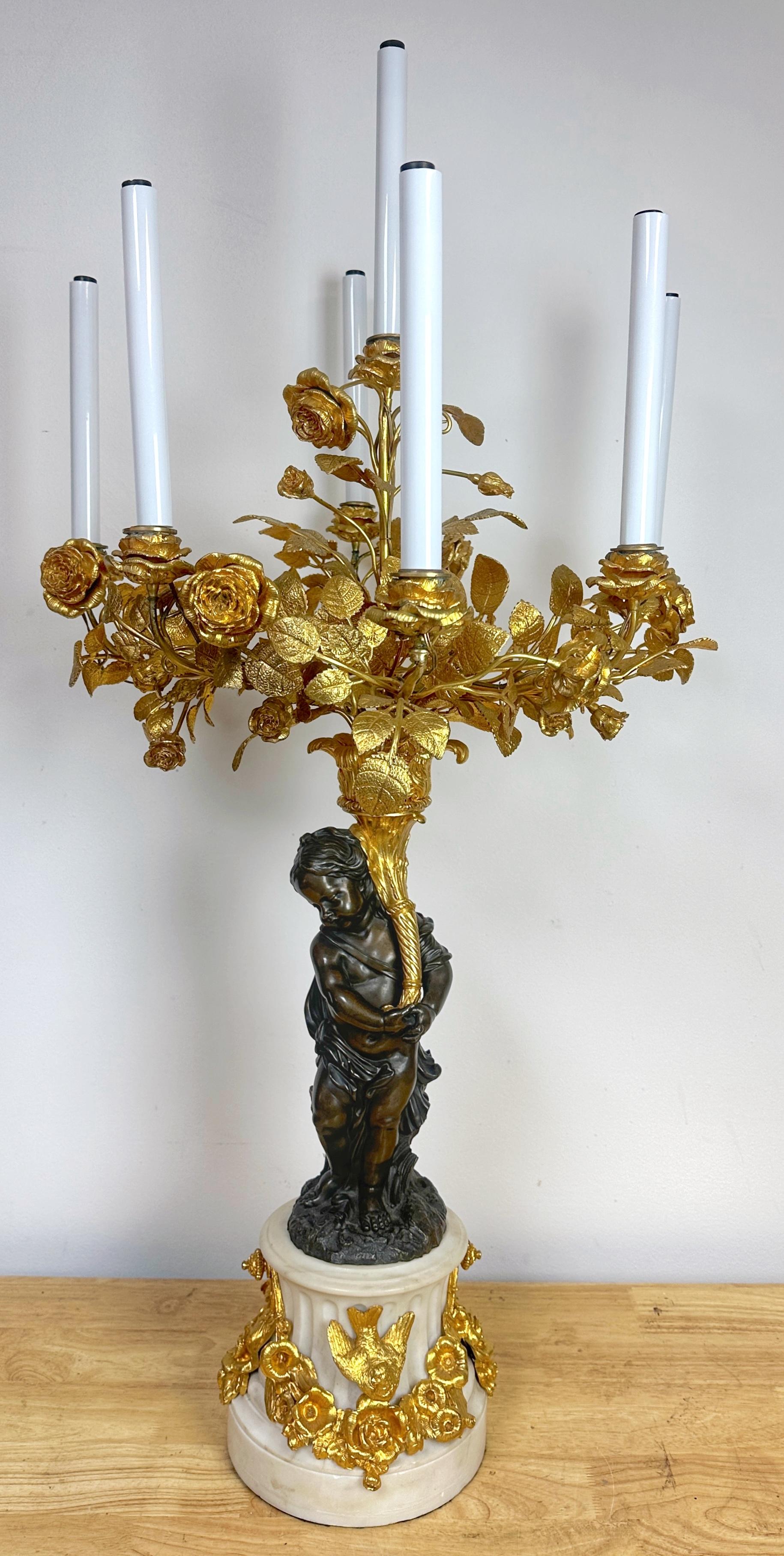 Monumental Single Louis XVI Style Ormolu and Patinated Seven-Light Candelabra, Paris, Circa 1880 

 A large scale single Louis XVI style ormolu and patinated seven-light candelabra, made in Paris circa 1880. This exceptional work exudes the timeless