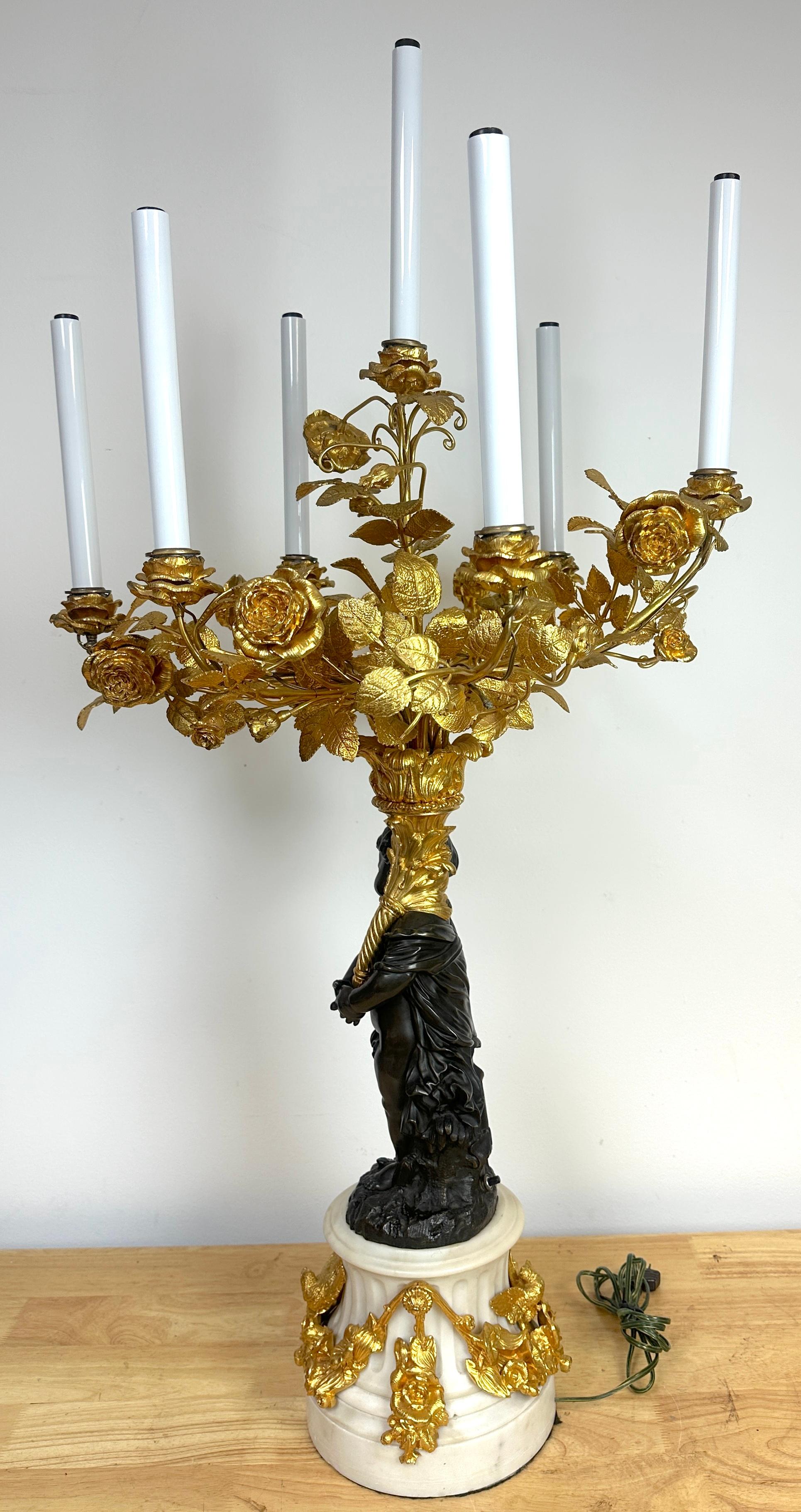 French Monumental Single Louis XVI Style Ormolu and Patinated Seven-Light Candelabra For Sale