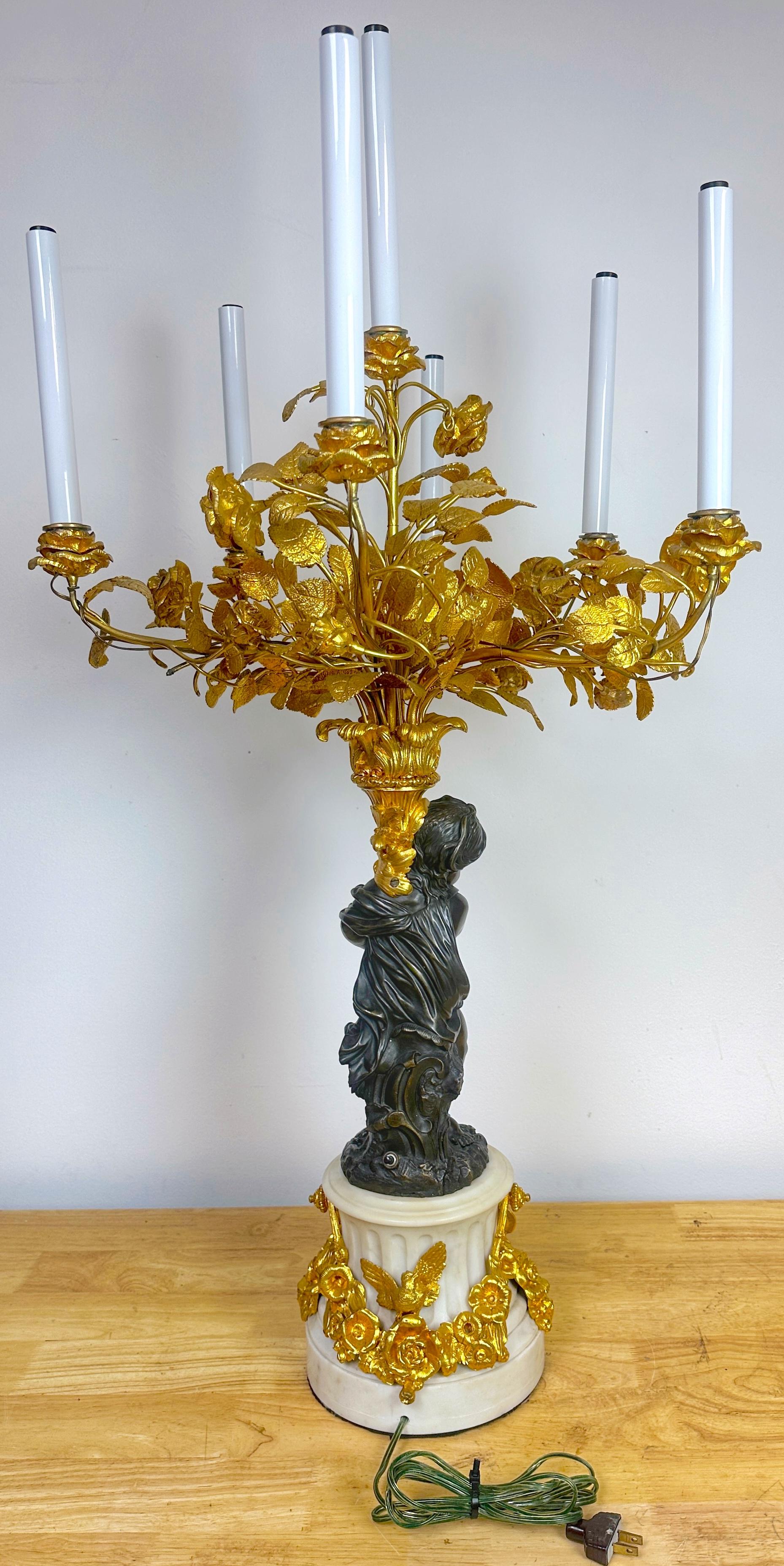 Monumental Single Louis XVI Style Ormolu and Patinated Seven-Light Candelabra In Good Condition For Sale In West Palm Beach, FL
