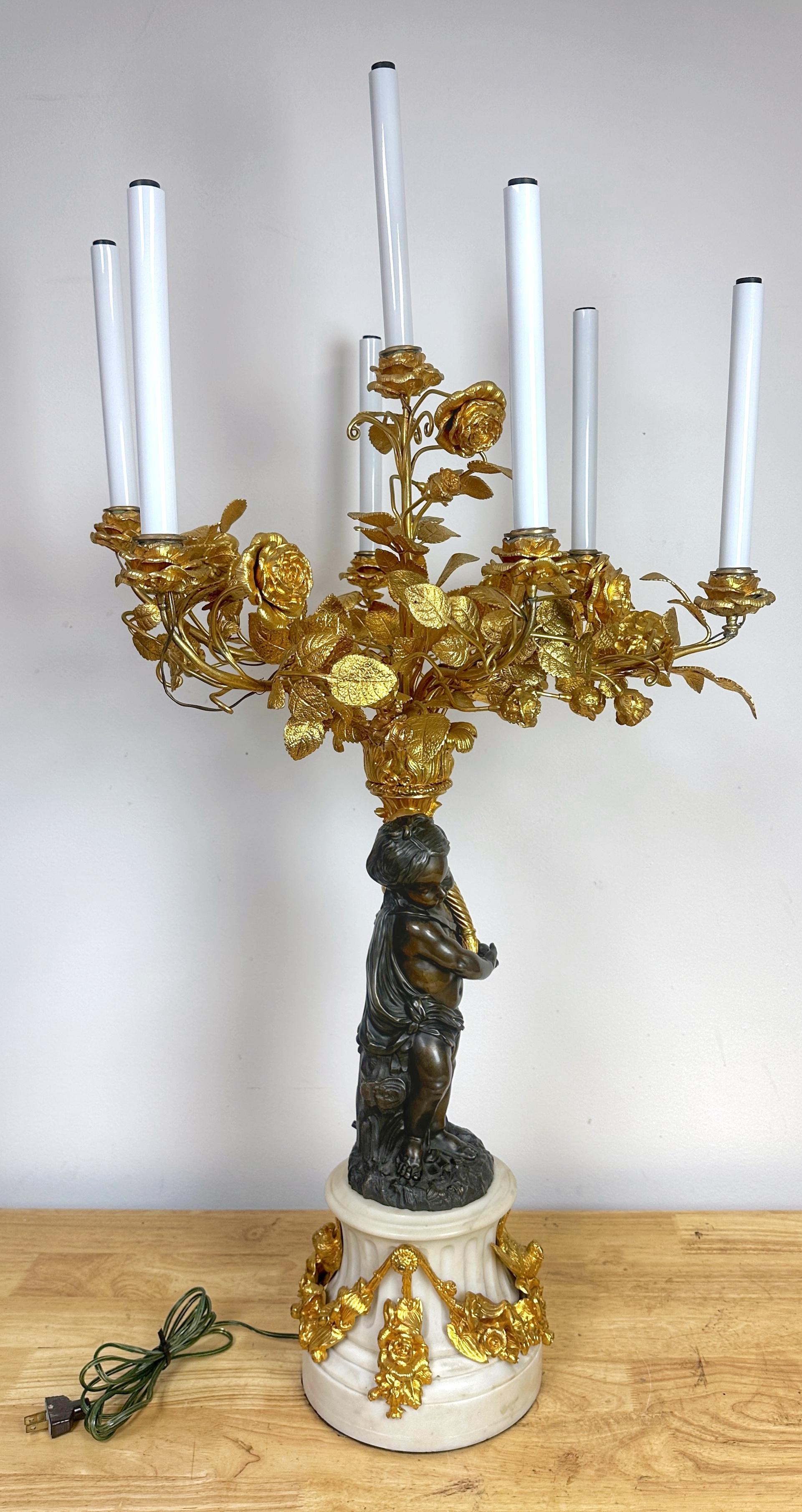 19th Century Monumental Single Louis XVI Style Ormolu and Patinated Seven-Light Candelabra For Sale