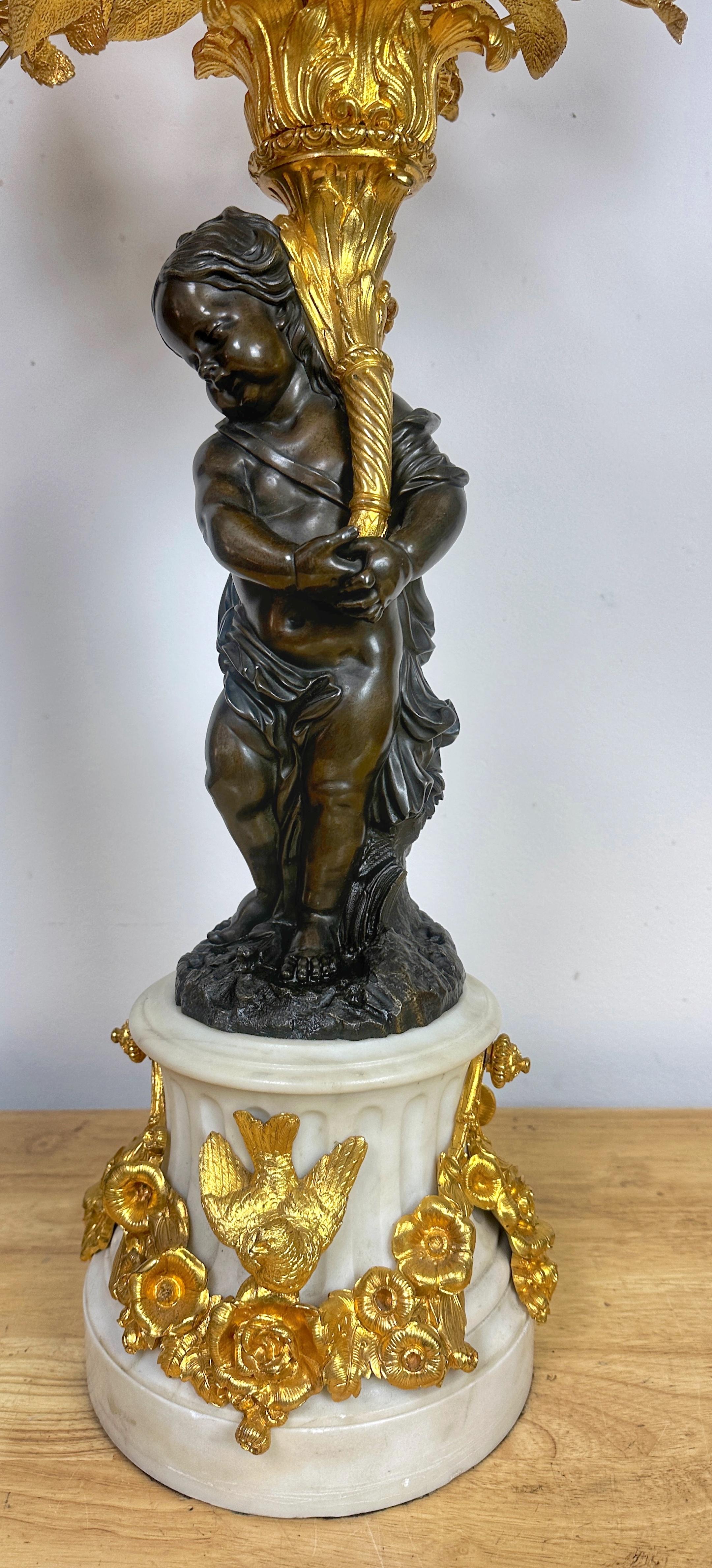 Bronze Monumental Single Louis XVI Style Ormolu and Patinated Seven-Light Candelabra For Sale