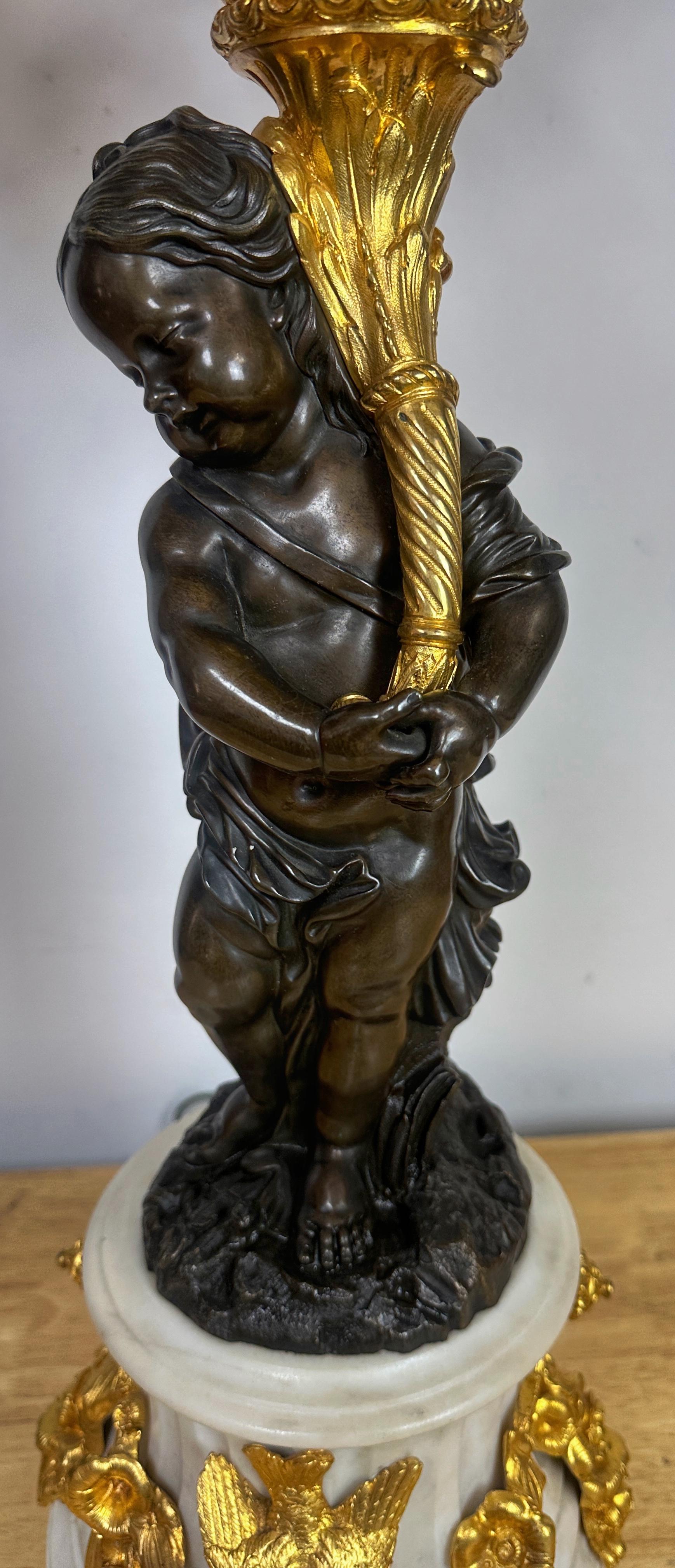 Monumental Single Louis XVI Style Ormolu and Patinated Seven-Light Candelabra For Sale 1