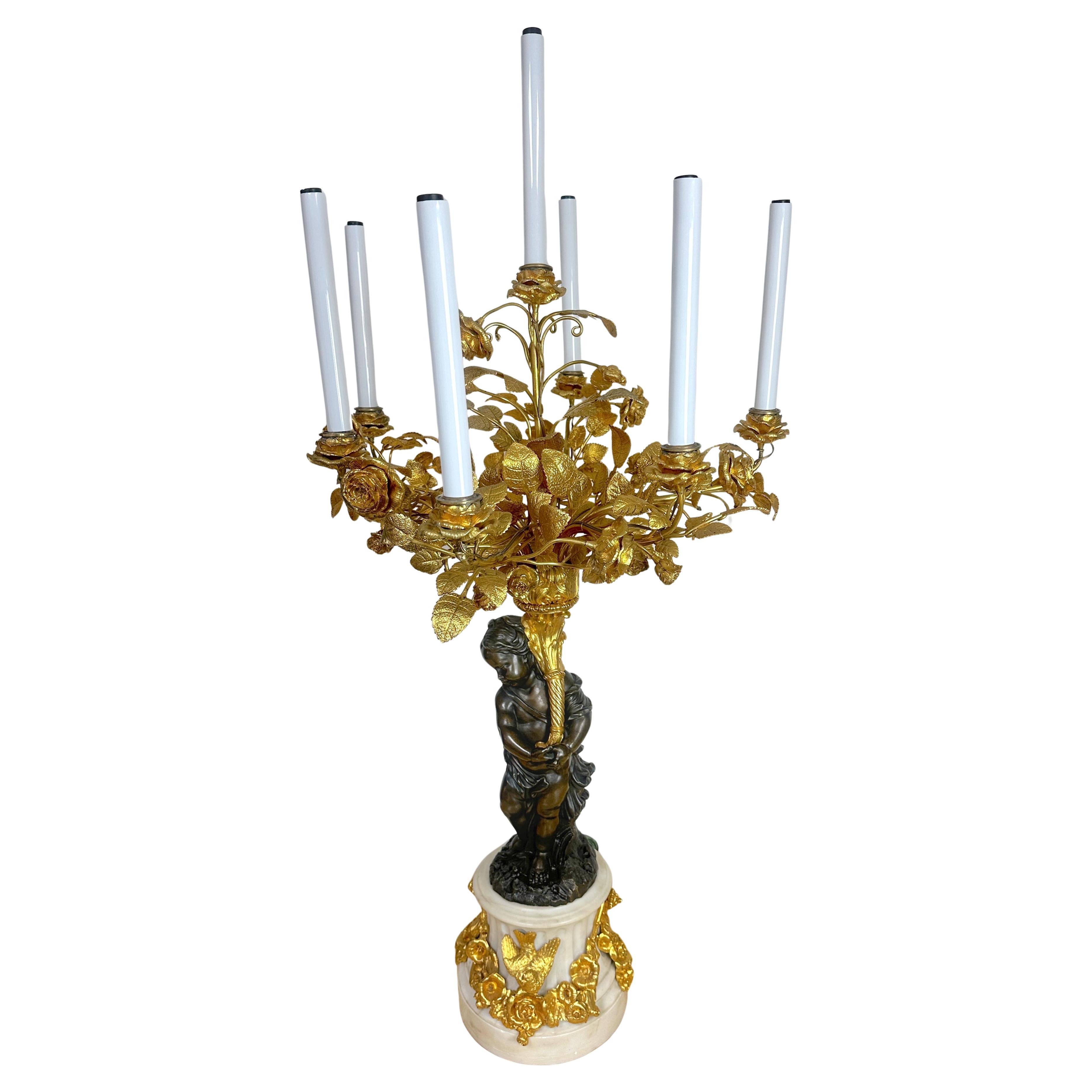 Monumental Single Louis XVI Style Ormolu and Patinated Seven-Light Candelabra For Sale 3