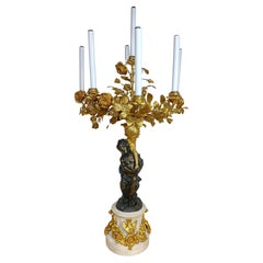 Monumental Single Louis XVI Style Ormolu and Patinated Seven-Light Candelabra