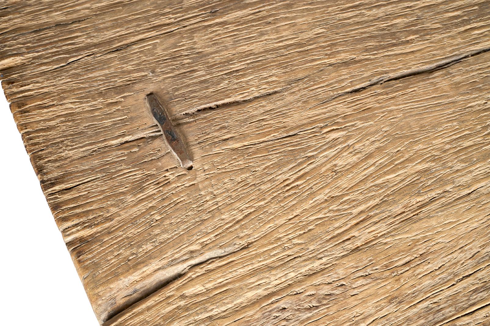 Monumental Single Plank Weathered Wood Coffee Table on Aluminum Base For Sale 1