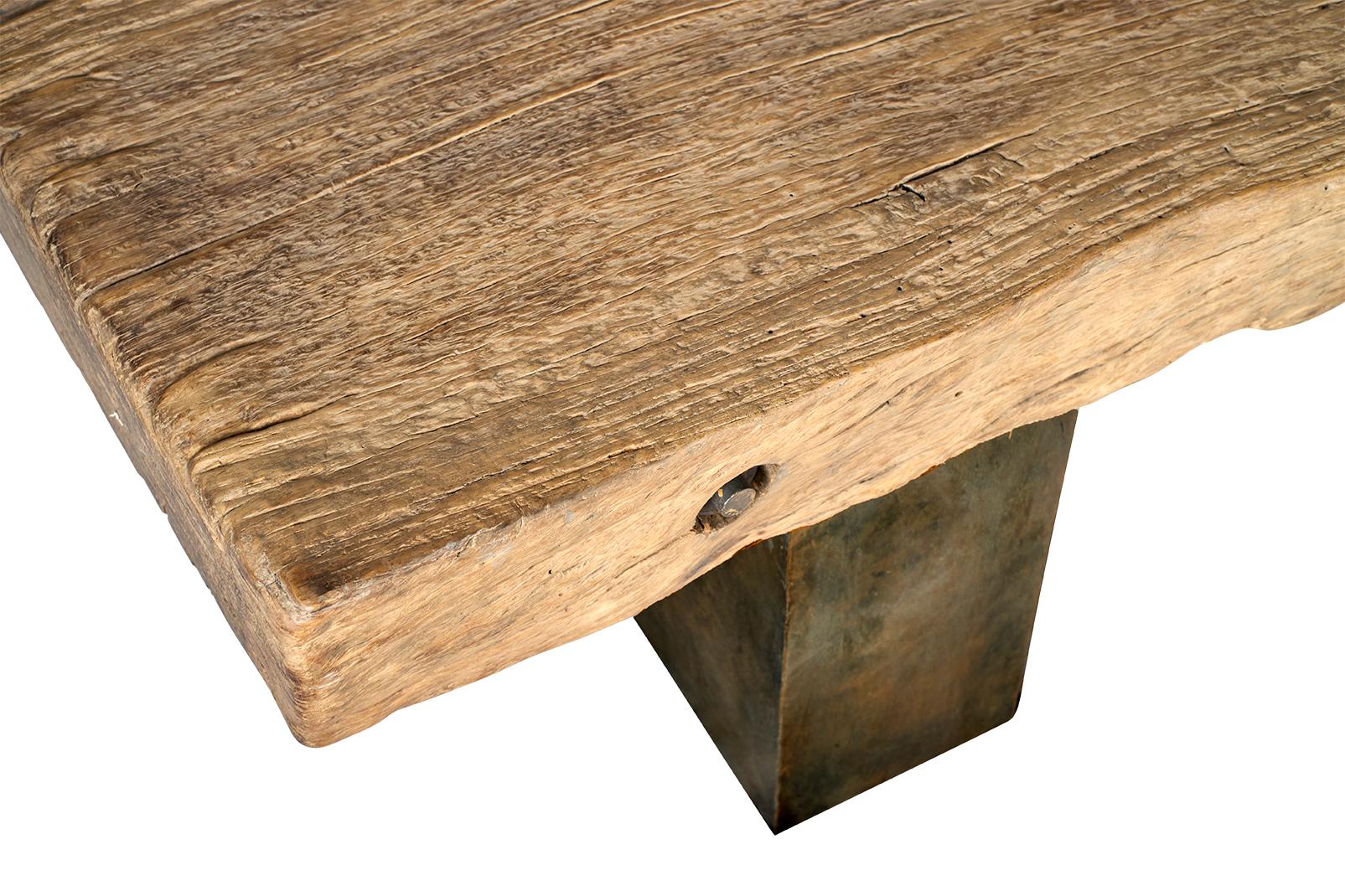 Monumental Single Plank Weathered Wood Coffee Table on Aluminum Base For Sale 2