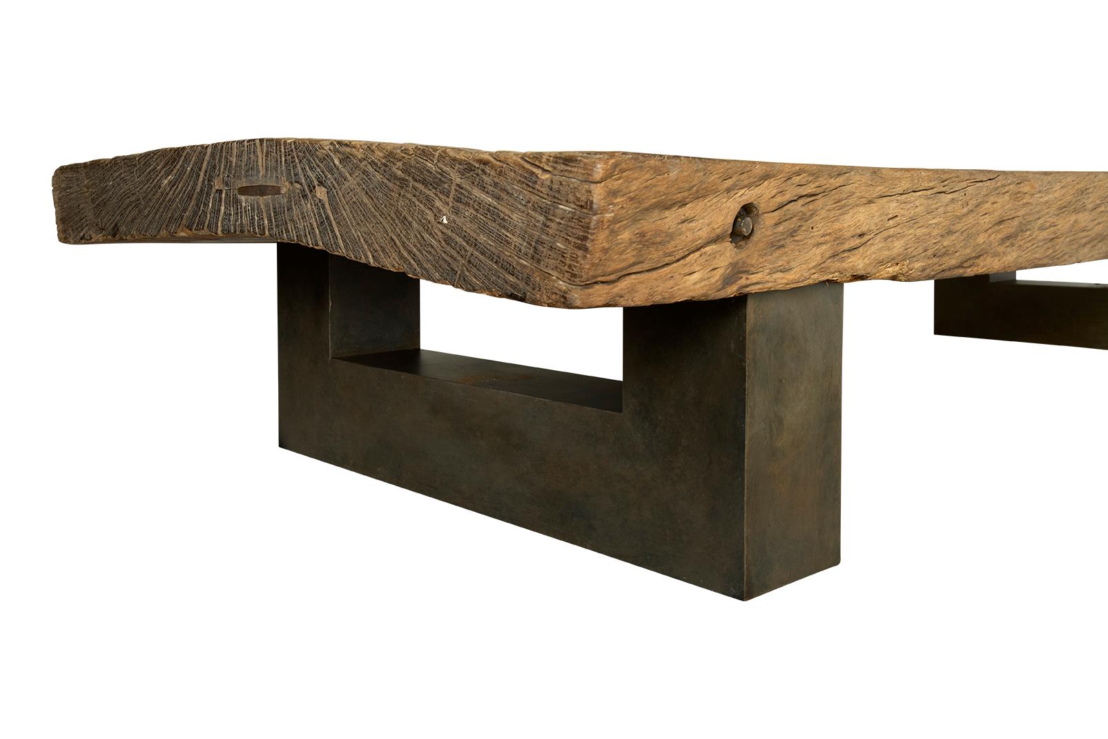 Monumental Single Plank Weathered Wood Coffee Table on Aluminum Base For Sale 3
