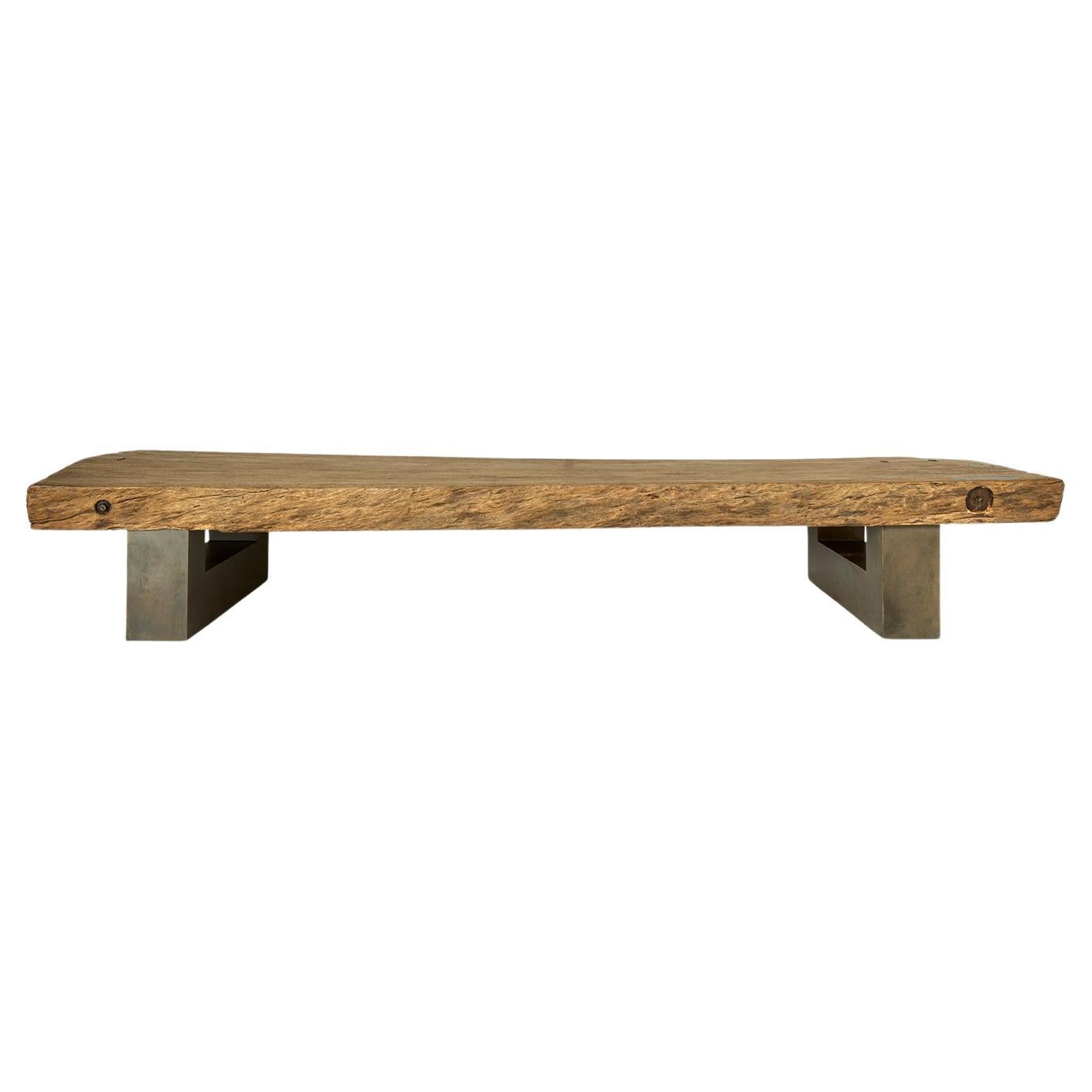 Monumental Single Plank Weathered Wood Coffee Table on Aluminum Base For Sale