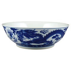 Monumental Antique Chinese Underglaze Blue&White Porcelain Dragon Bowl Qing 20c 
