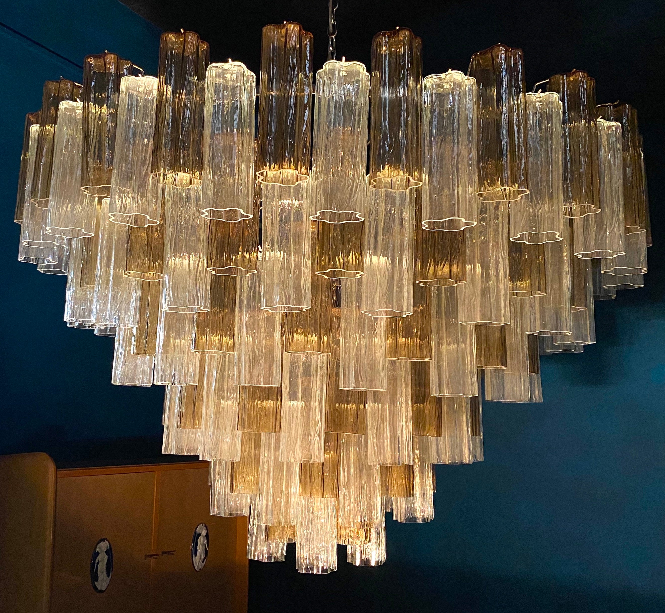 Monumental lustre ou plafonnier Tronchi en verre de Murano fumé et transparent 4